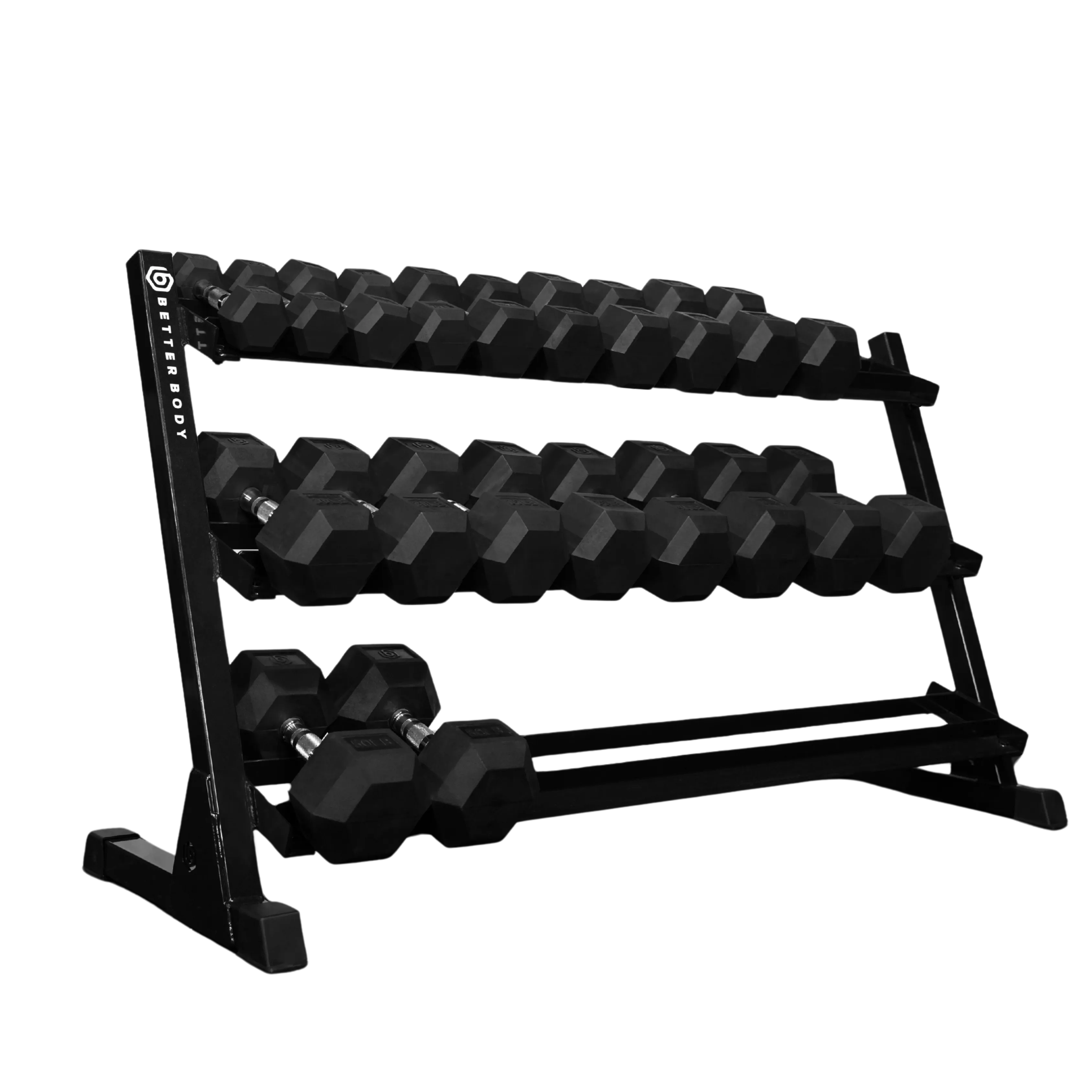 Rubber hex dumbbell set with weight rack, 5 to 50 pounds