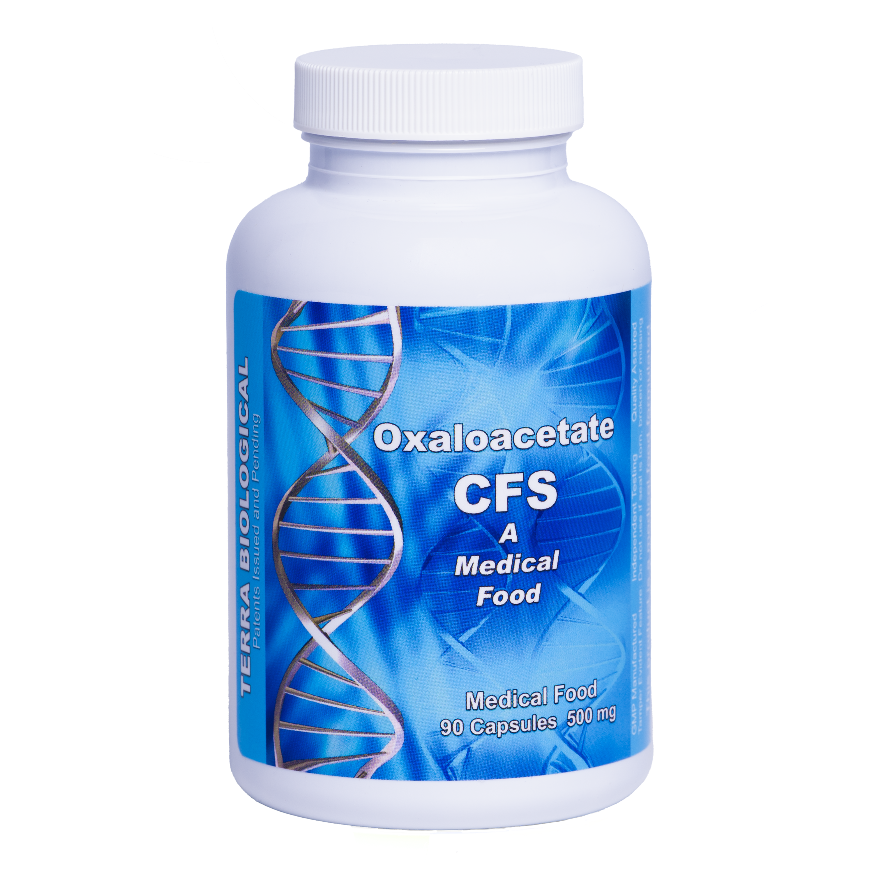 White bottle of Terra Biological Oxaloacetate CFS Medical Food, 90 capsules, 500mg.