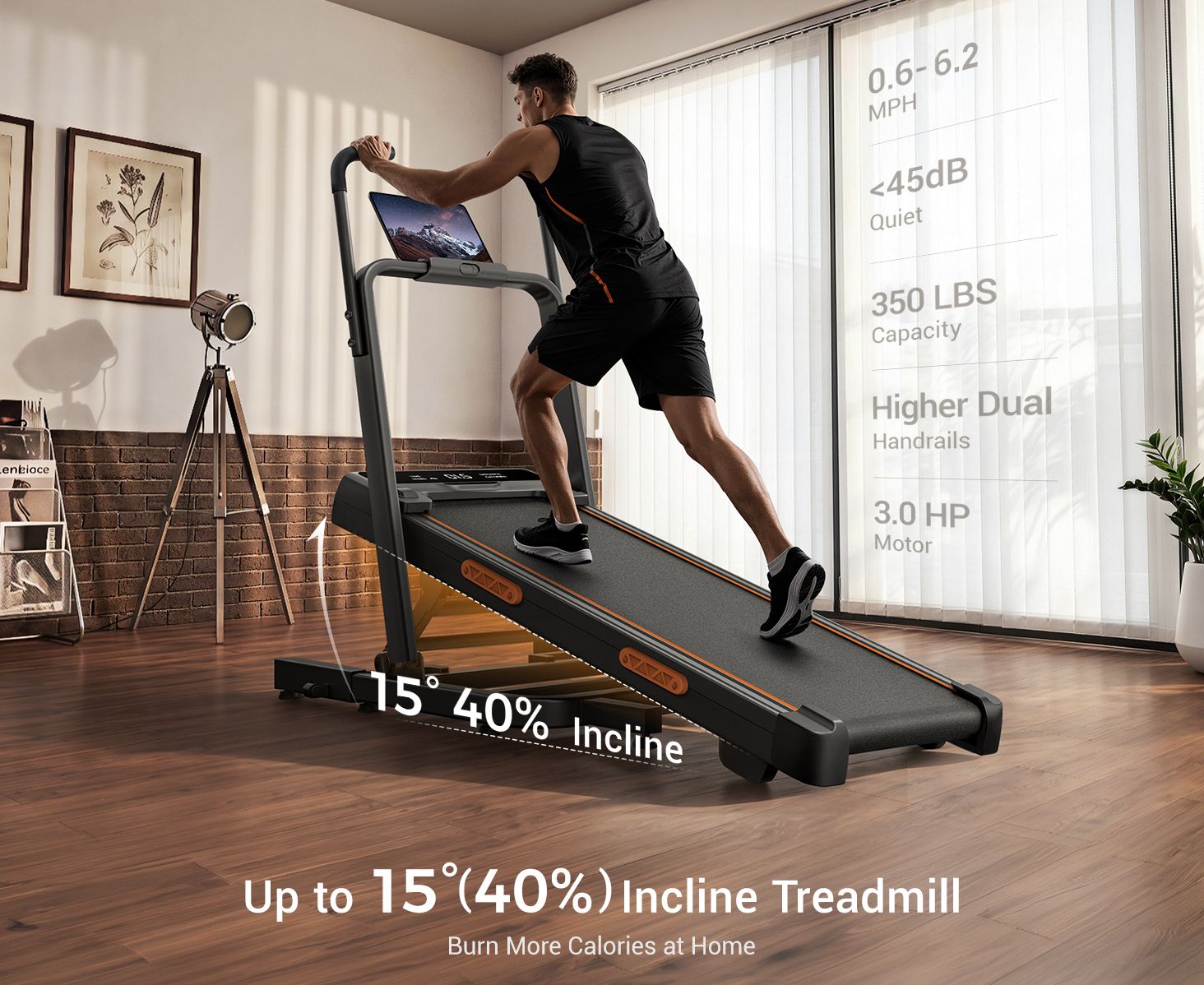 A man runs on an incline treadmill in a room, with text highlighting its 15° (40%) incline, 350 lbs capacity, and quiet operation.