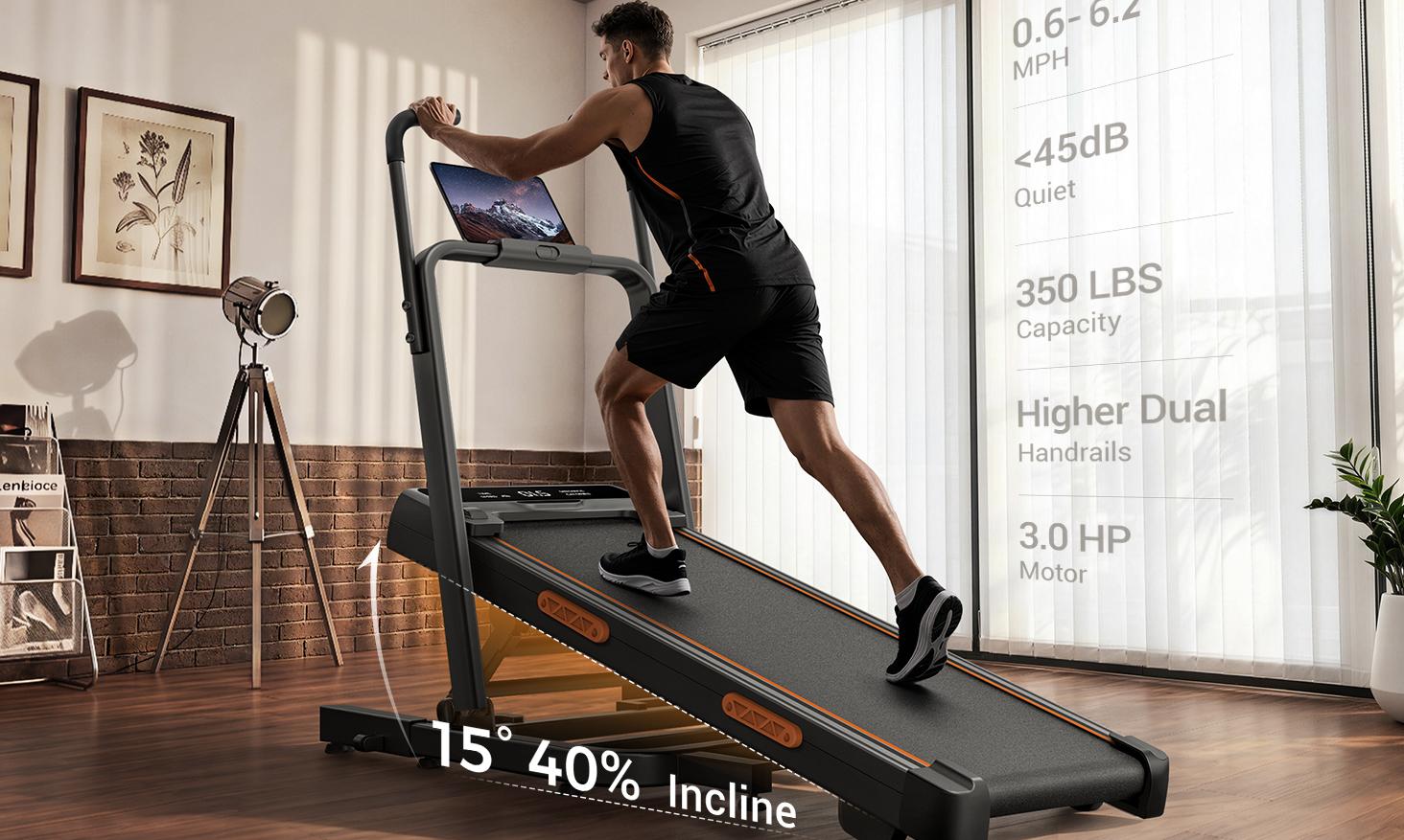 A man runs on an incline treadmill in a room, with text highlighting its 15° (40%) incline, 350 lbs capacity, and quiet operation.