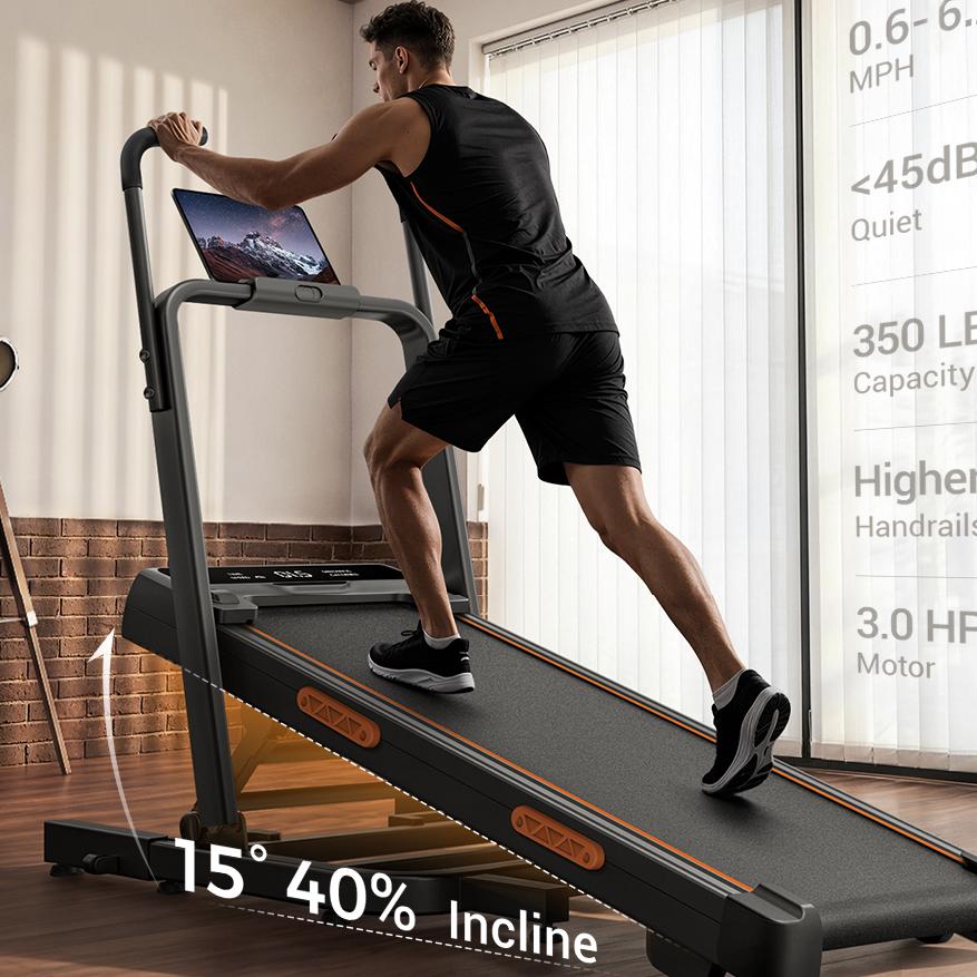 A man runs on an incline treadmill in a room, with text highlighting its 15° (40%) incline, 350 lbs capacity, and quiet operation.