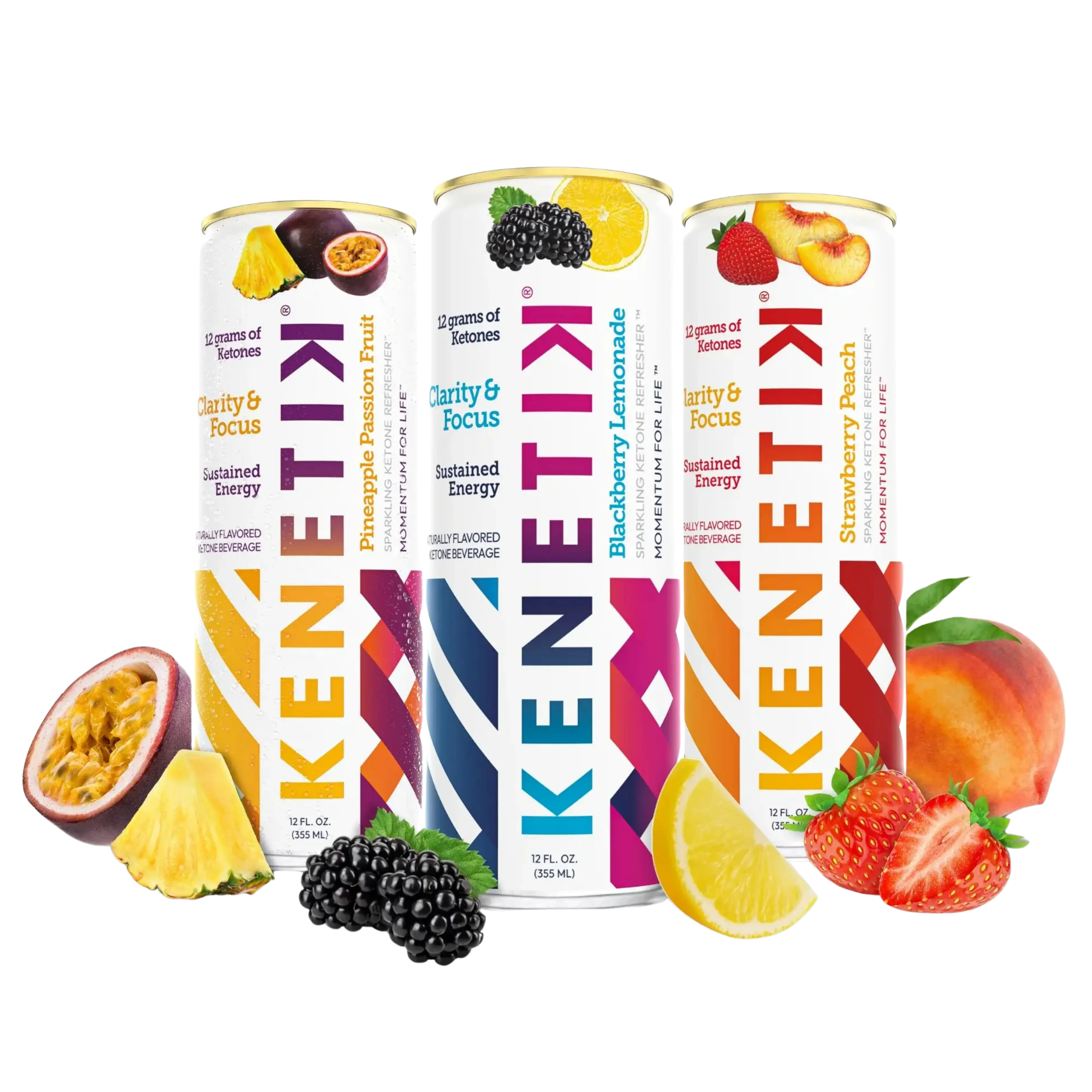 Three KENETIK sparkling ketone refresher cans in Pineapple Passion Fruit, Blackberry Lemonade, and Strawberry Peach flavors, surrounded by their respective fruits.