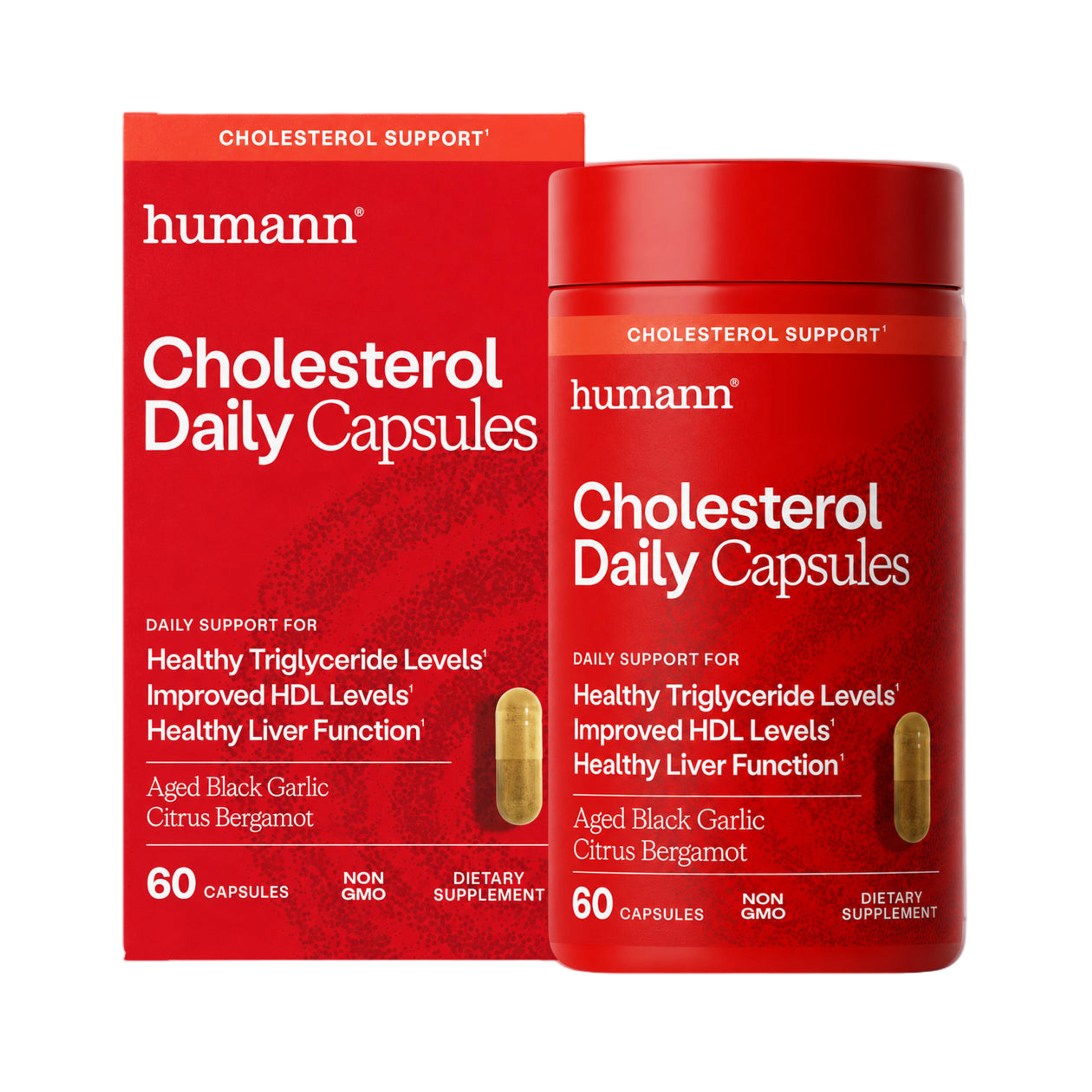 Bottle of Humann Cholesterol Daily Capsules on display