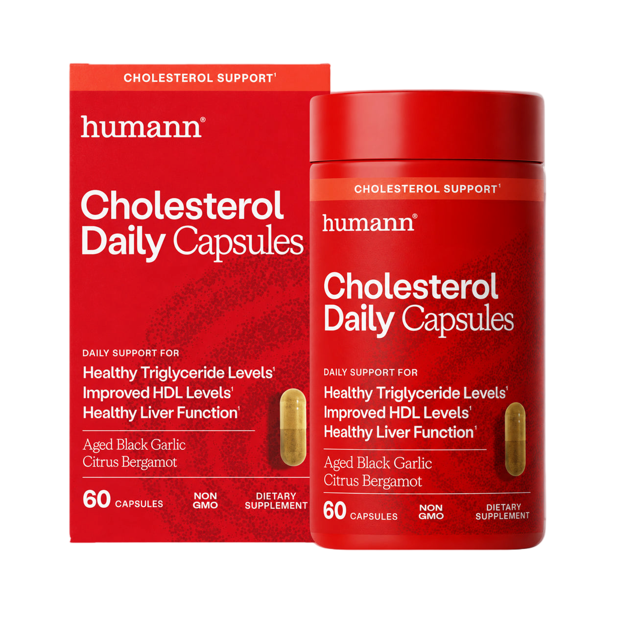 Bottle of Humann Cholesterol Daily Capsules on display