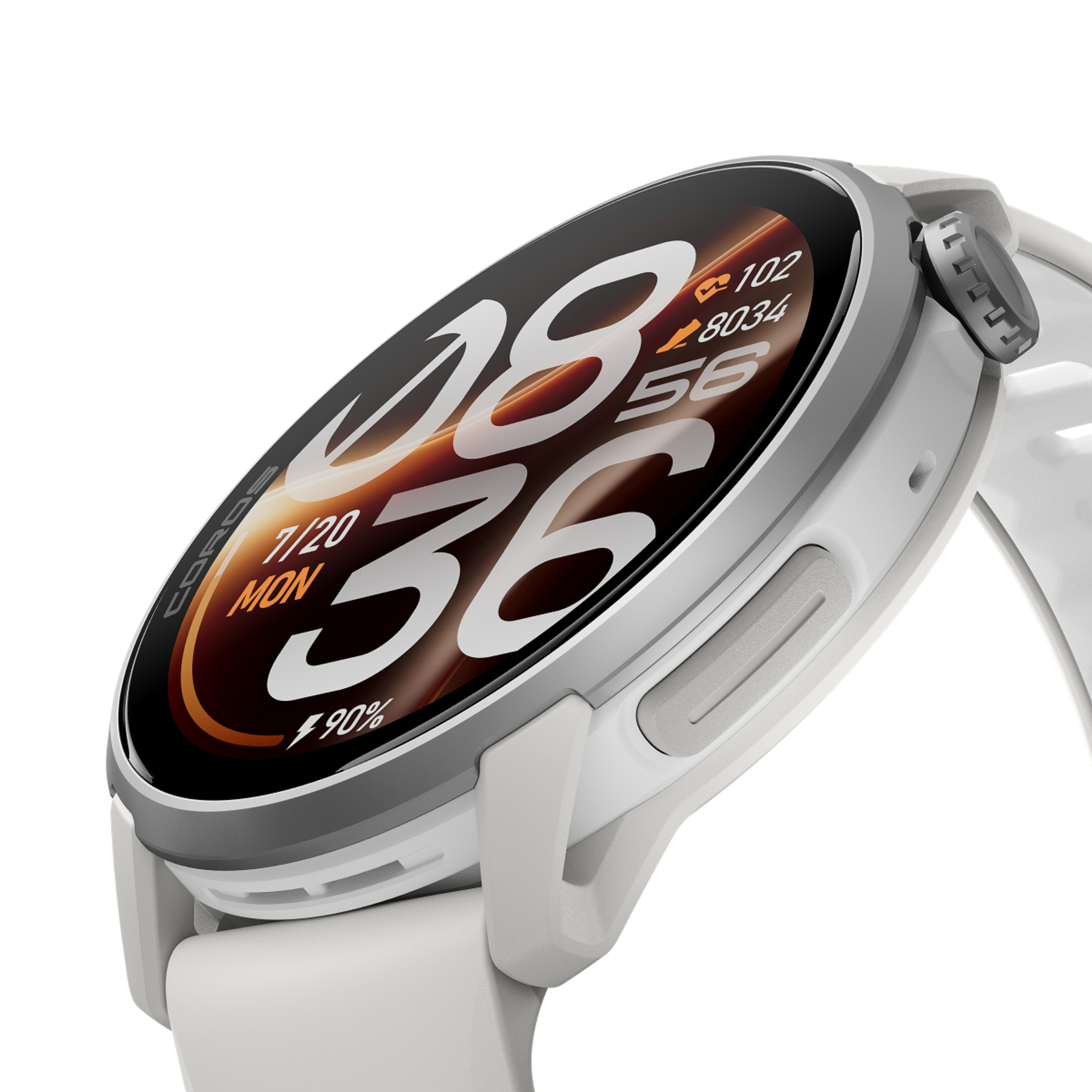 Close-up view of the COROS PACE 4 Pro White Watch Body with White Silicone Band