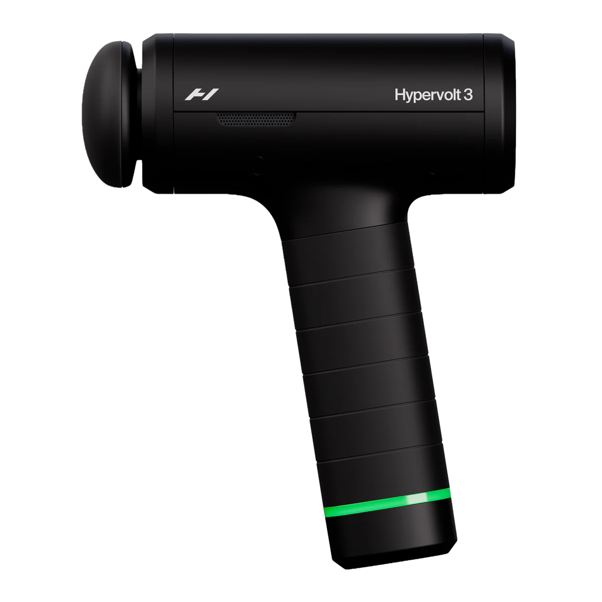 Black Hypervolt 3 massage gun with a green indicator light on the handle.
