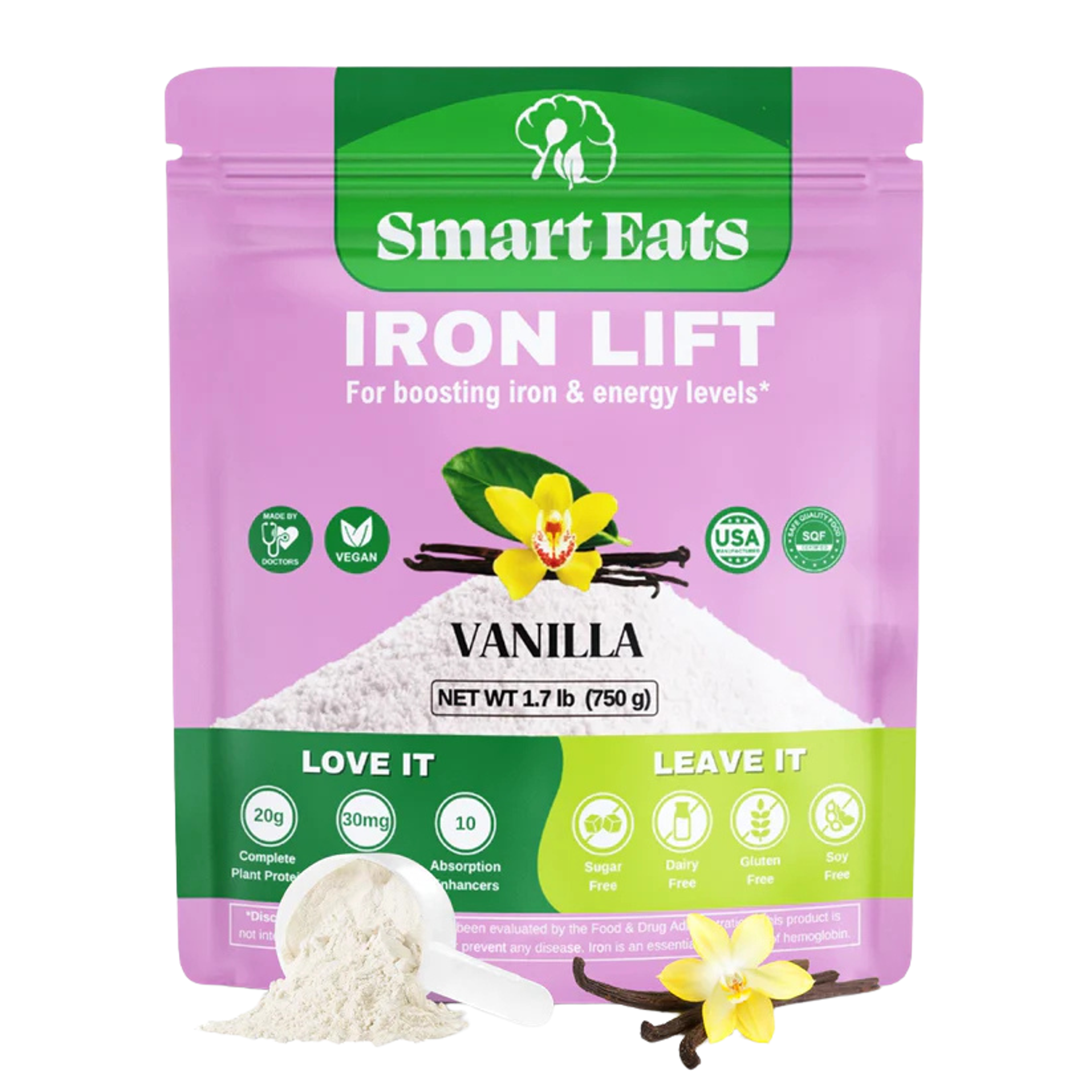 Smart Eats IRON LIFT vanilla powder in a pink pouch, with a scoop, spilled powder, vanilla beans, and a yellow flower.