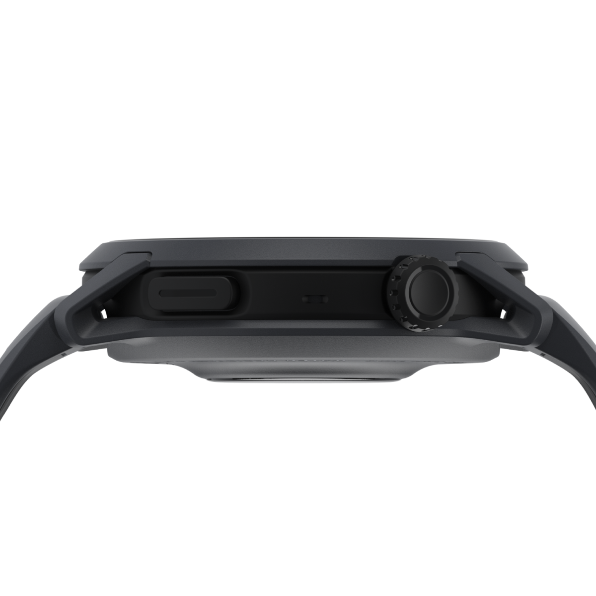 Side close-up view of the COROS PACE 4 GPS Watch Black Watch Body with Black Silicone Band