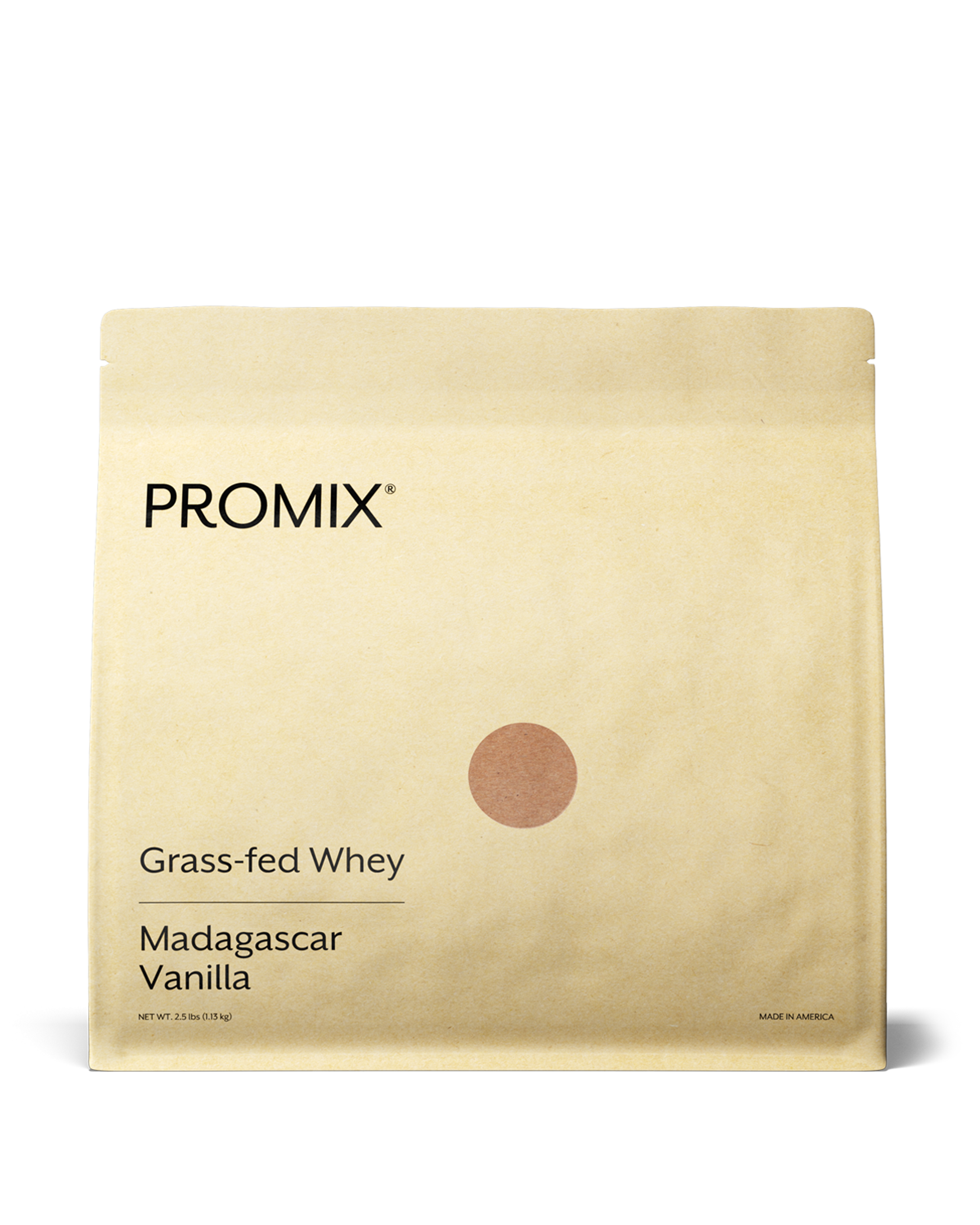 Bag of Promix grass-fed vanilla whey protein powder, single container