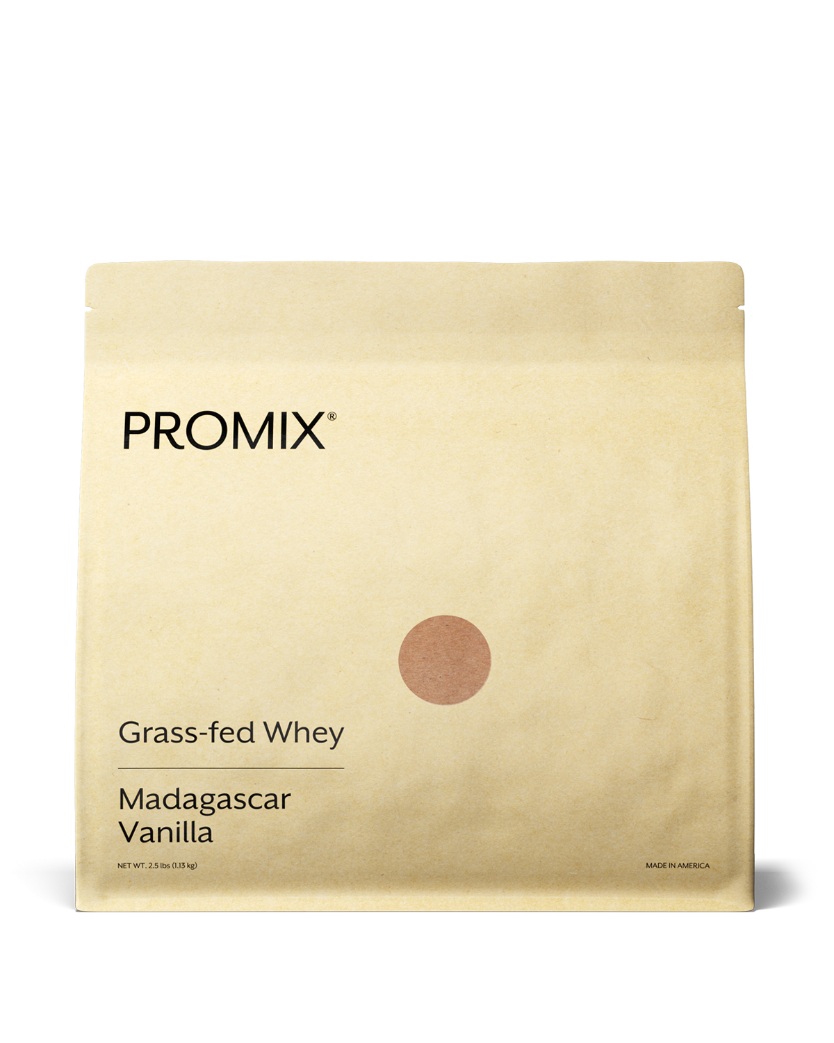 Bag of Promix grass-fed vanilla whey protein powder, single container