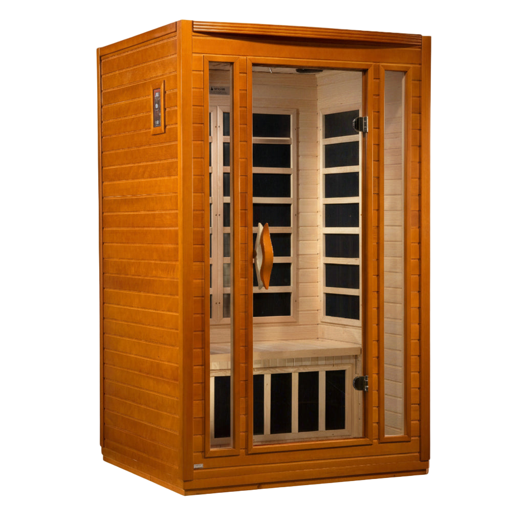 Dynamic San Marino Elite 2-person infrared sauna with wood exterior and glass door