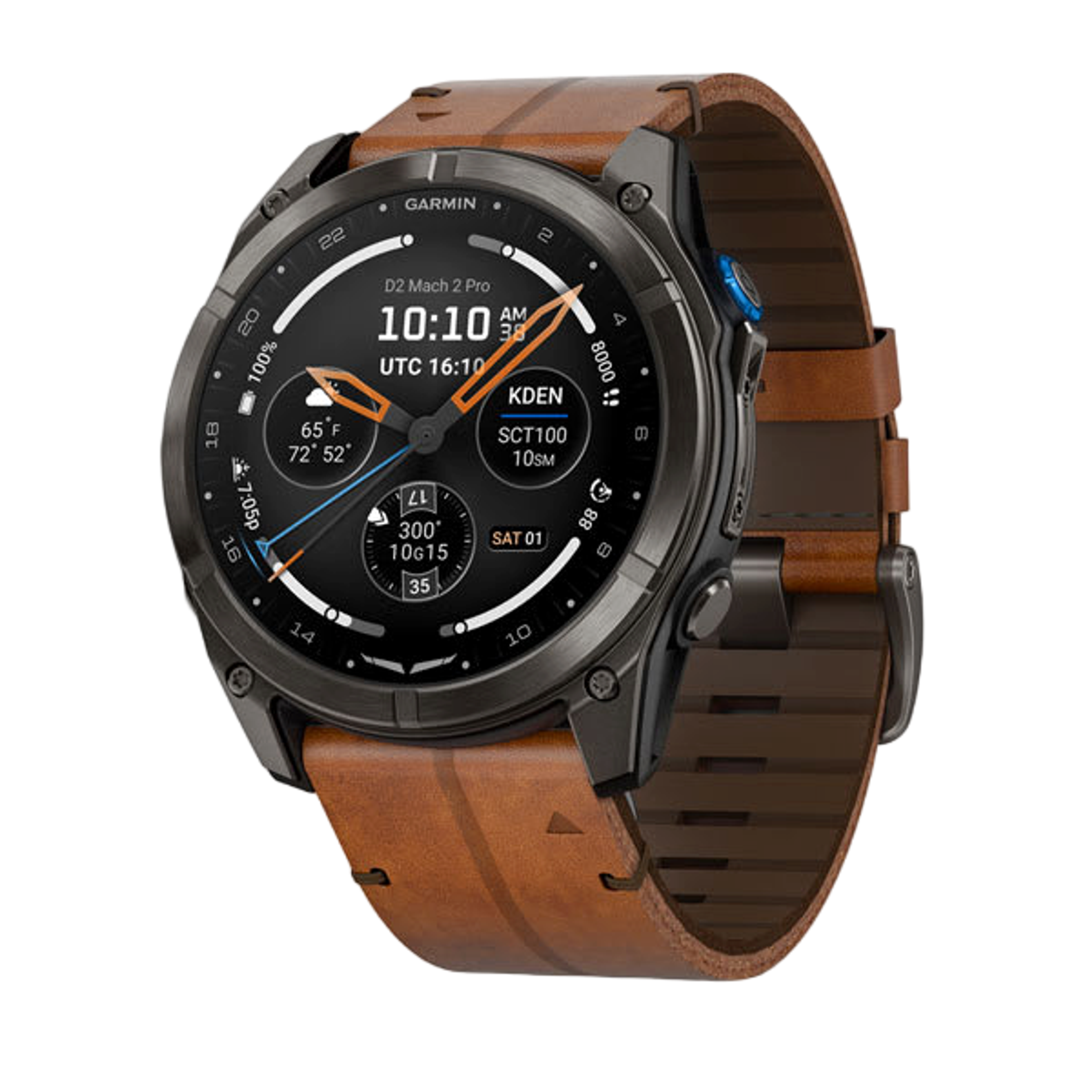 Garmin D2 Mach 2 Pro smartwatch with titanium case and chestnut leather band