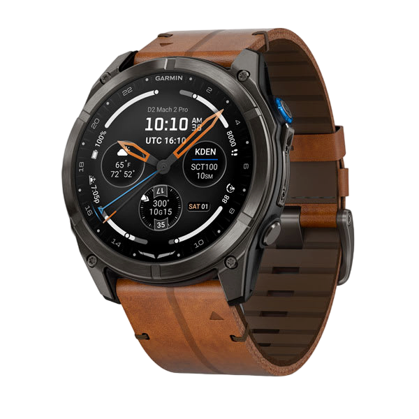 Garmin D2 Mach 2 Pro smartwatch with titanium case and chestnut leather band