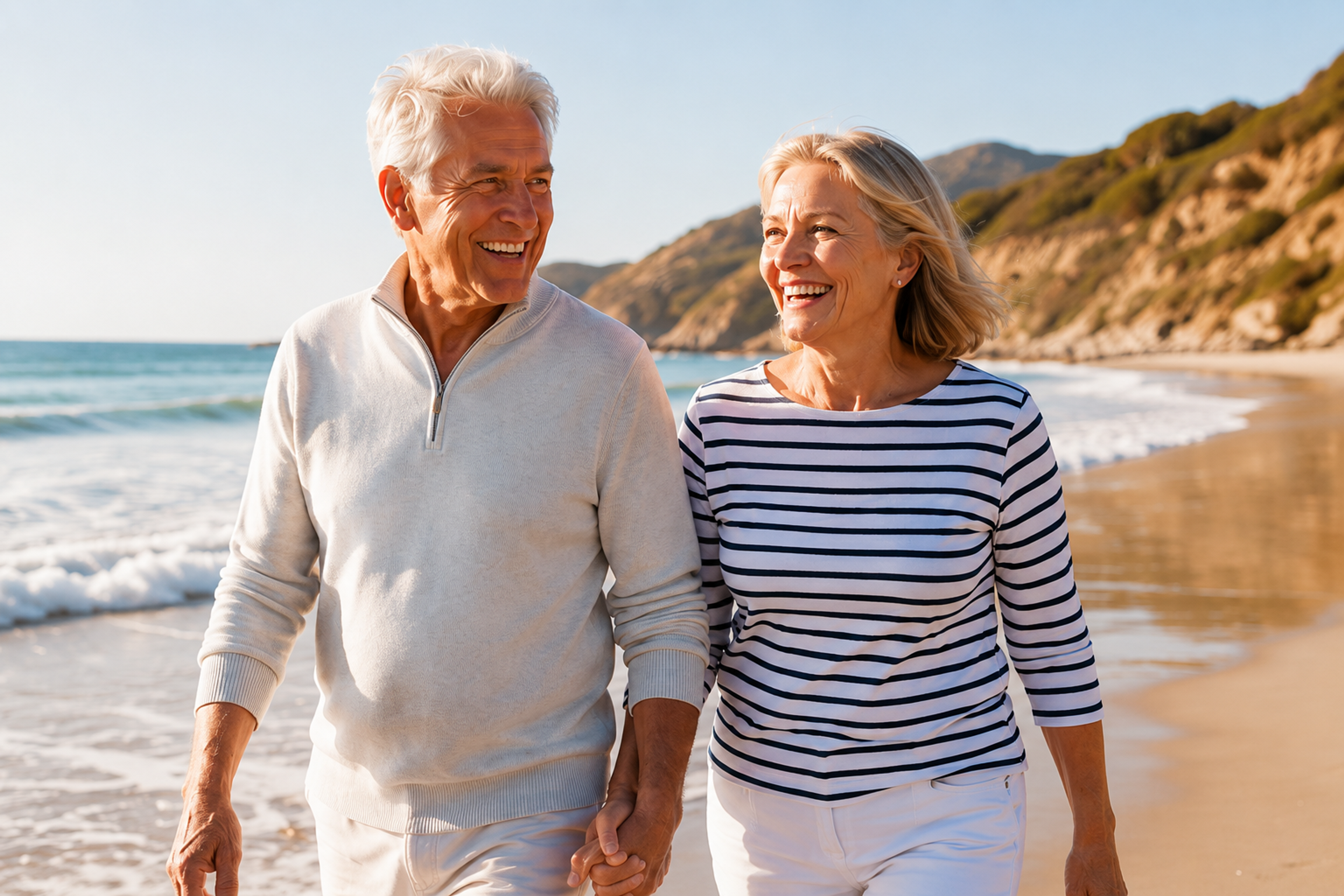 An elderly couple smiles while walking hand-in-hand on a sandy beach.