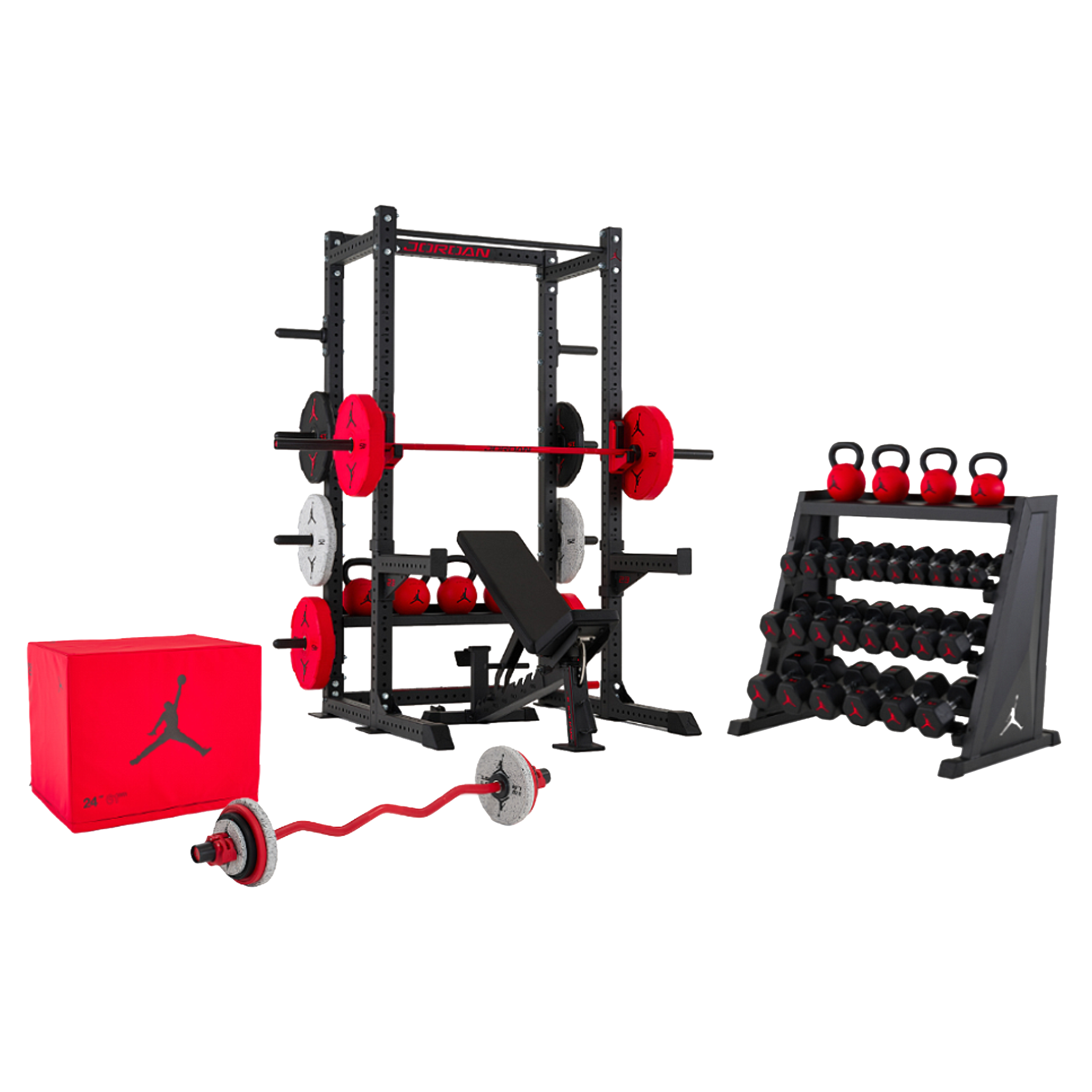 Half rack with barbell, dumbbells, and kettlebells home gym setup