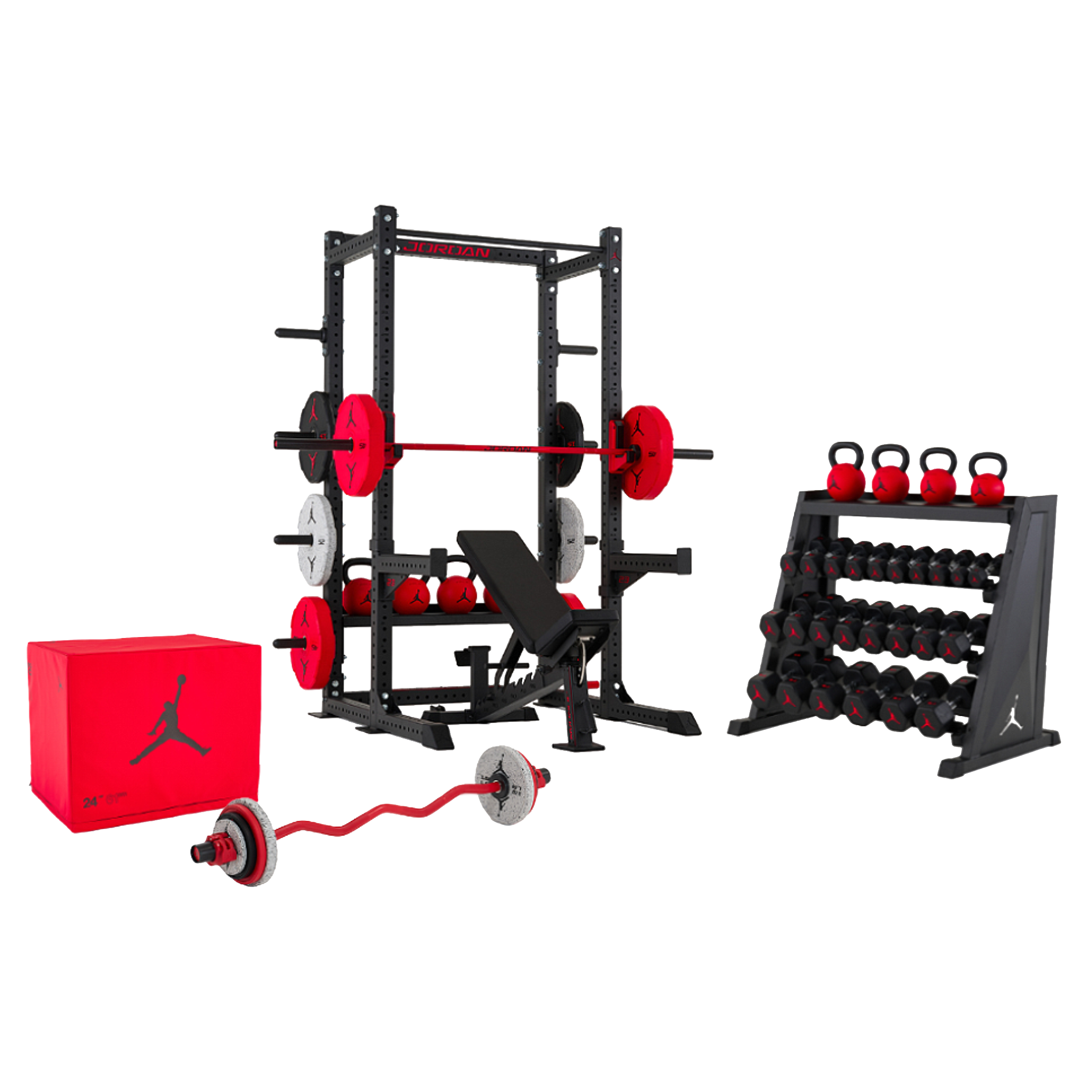 Half rack with barbell, dumbbells, and kettlebells home gym setup
