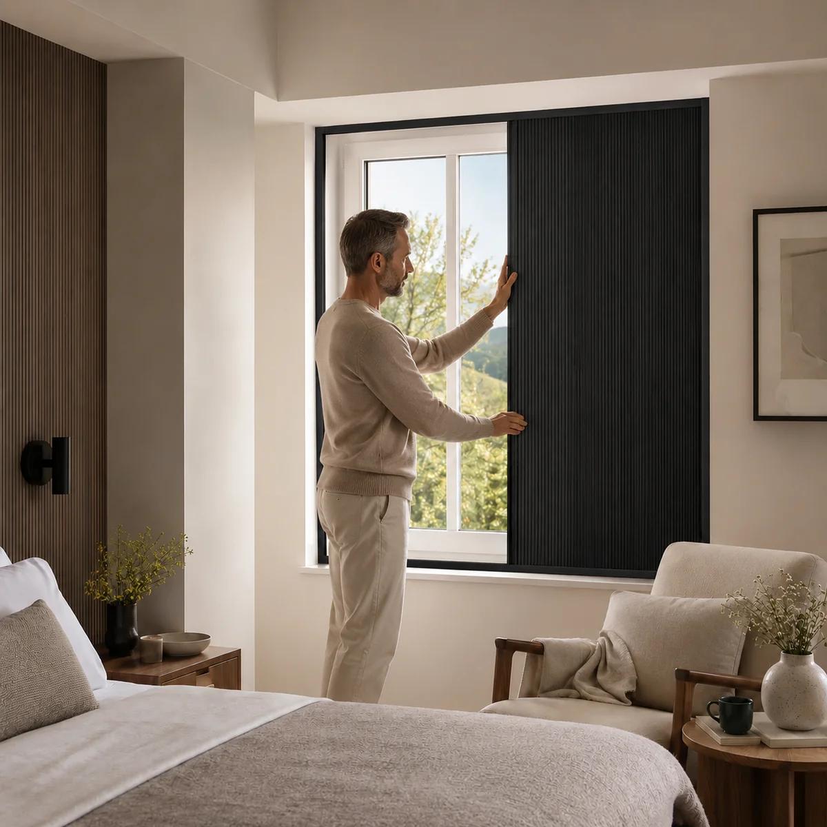 Man closing a black pleated window blind in a bedroom.