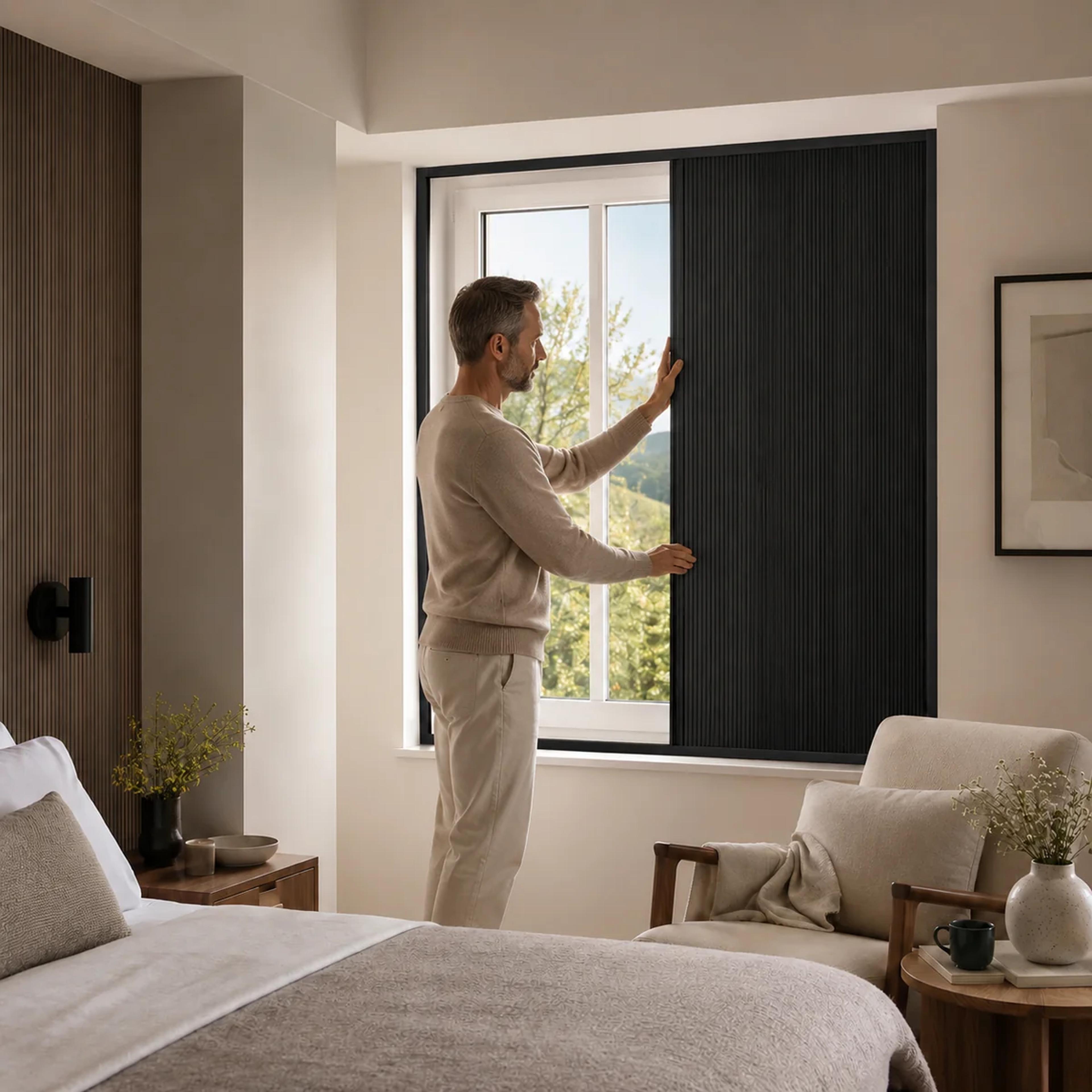 Man closing a black pleated window blind in a bedroom.