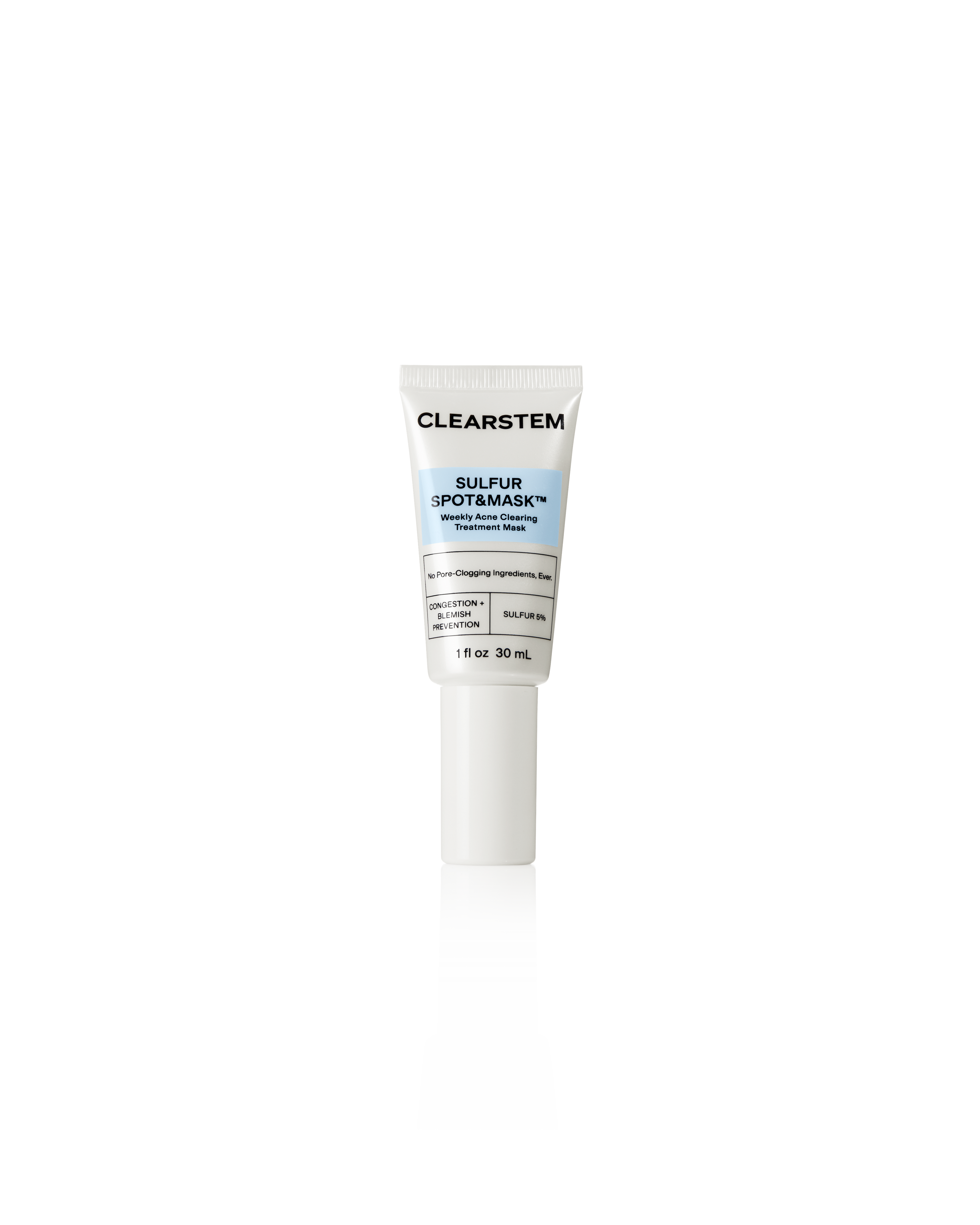 A white tube of CLEARSTEM Sulfur Spot & Mask Weekly Acne Clearing Treatment Mask.