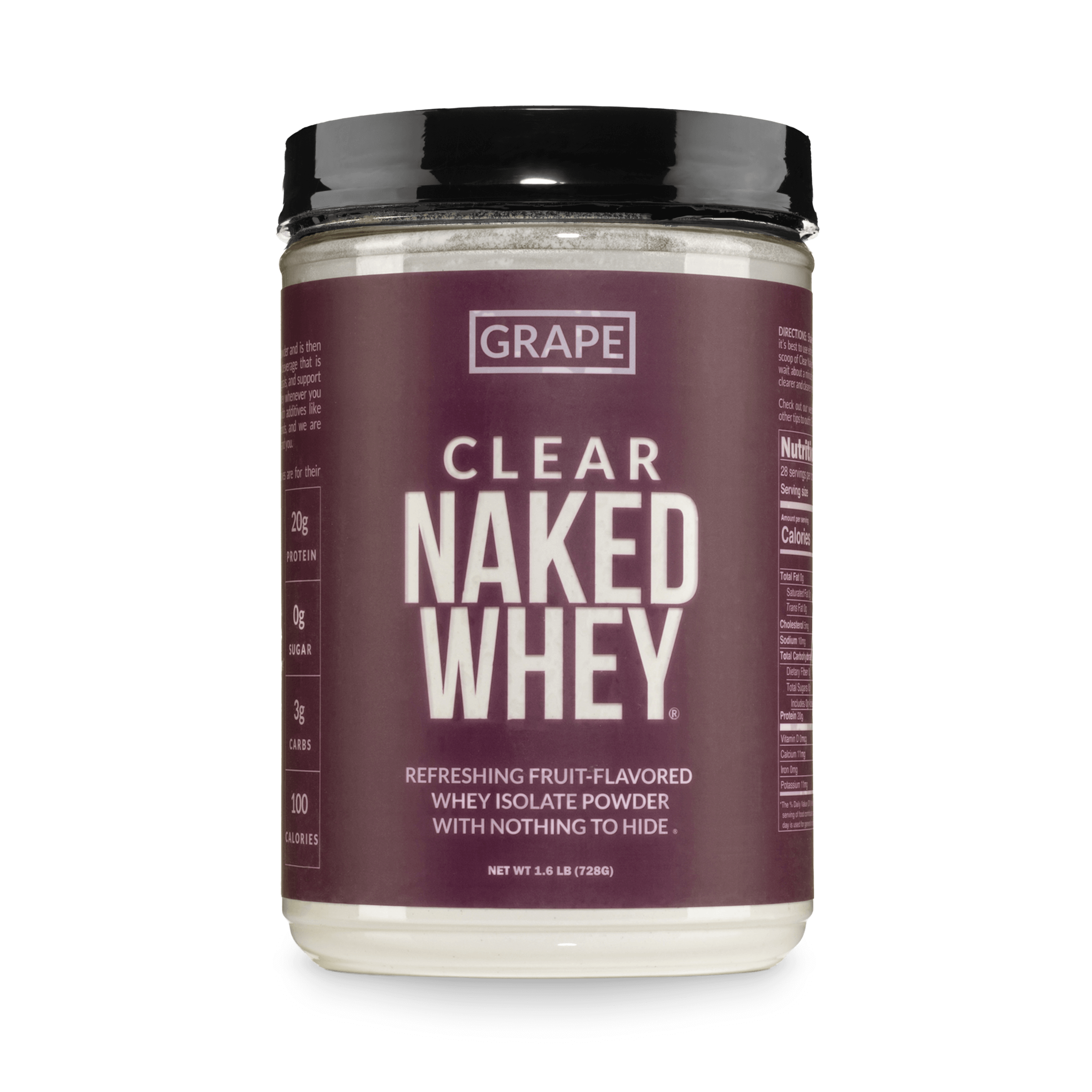 Container of Clear Naked Whey Grape protein powder, 2 lb
