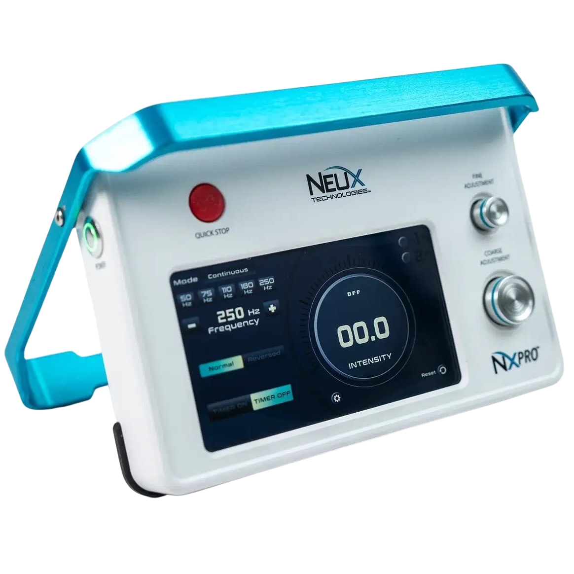 A white and blue NEUX TECHNOLOGIES NXPRO medical device with a digital screen displaying frequency and intensity, and control knobs.