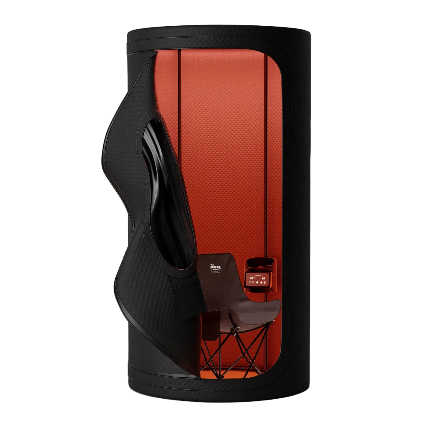 Portable Finnish sauna pod standing open