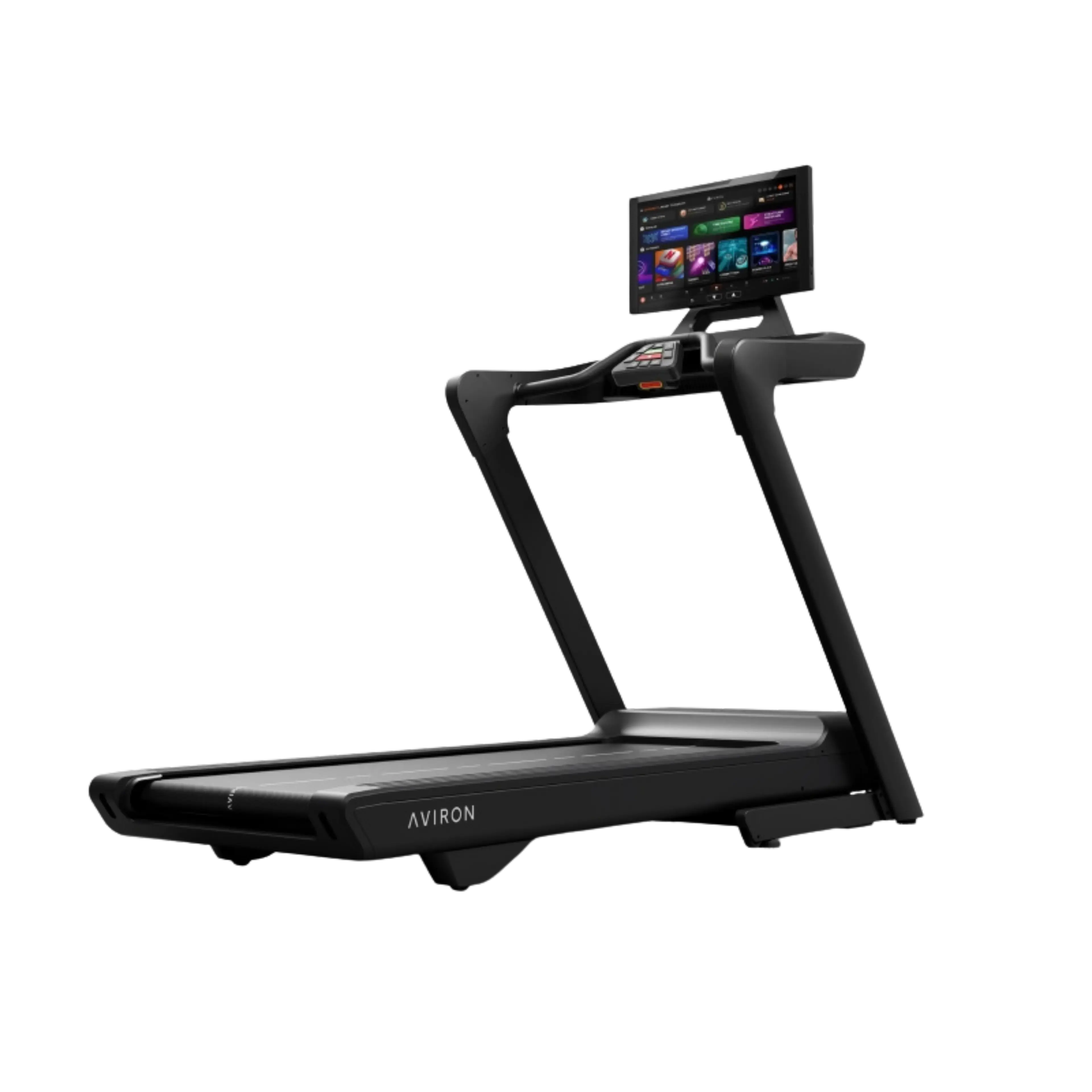 Modern black Aviron treadmill with a large touchscreen display.