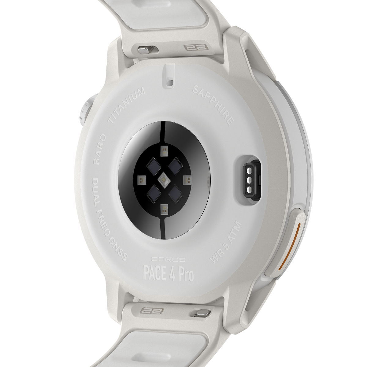 Back view of the COROS PACE 4 Pro White Watch Body with White Silicone Band