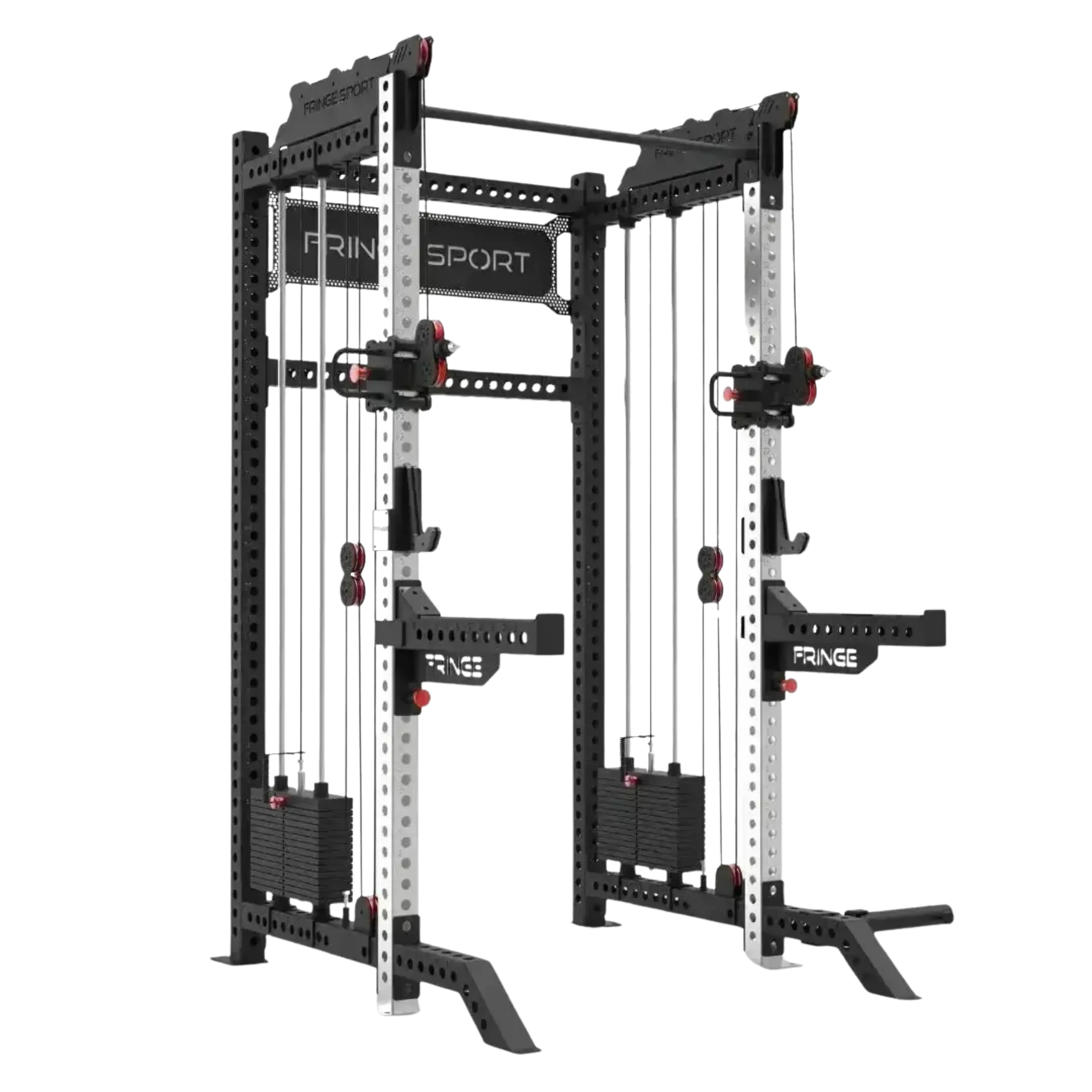 A black and silver Fringe Sport power rack with integrated cable pulley systems and weight stacks.