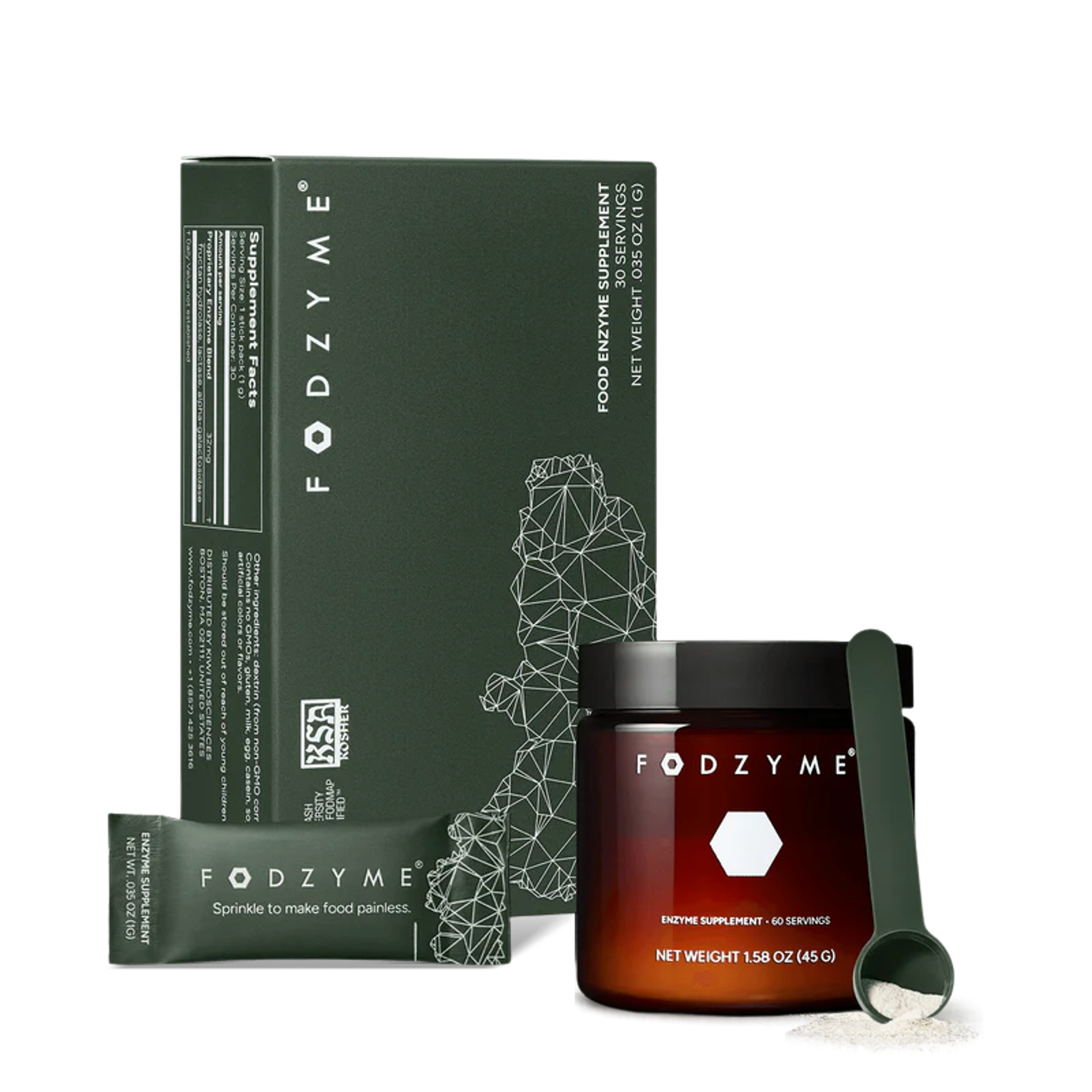FODZYME enzyme supplement displayed with a dark green box, brown jar, green scoop, and single-serving sachet, all containing white powder.