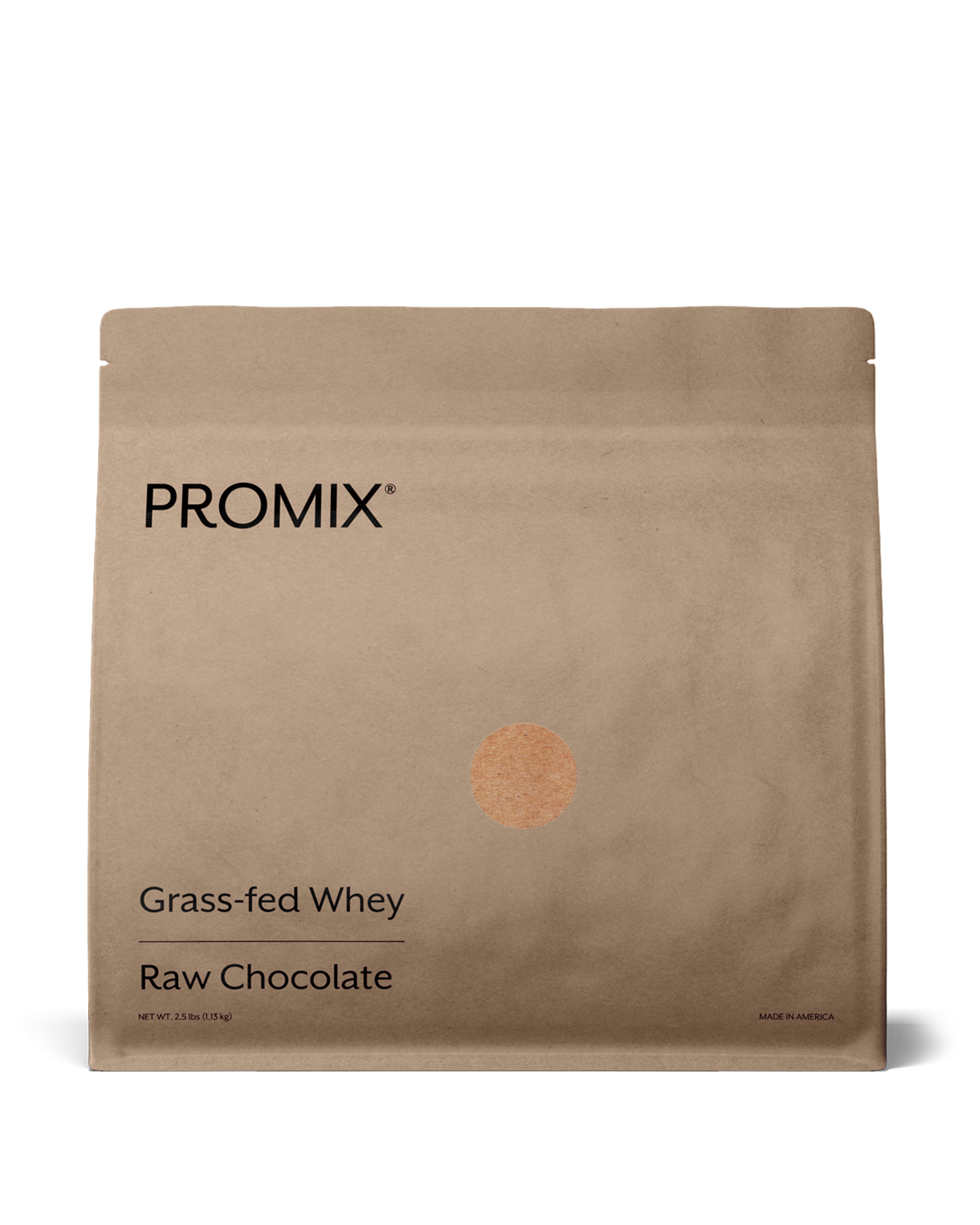 Bag of Promix raw chocolate whey protein powder, 2.5lb single package