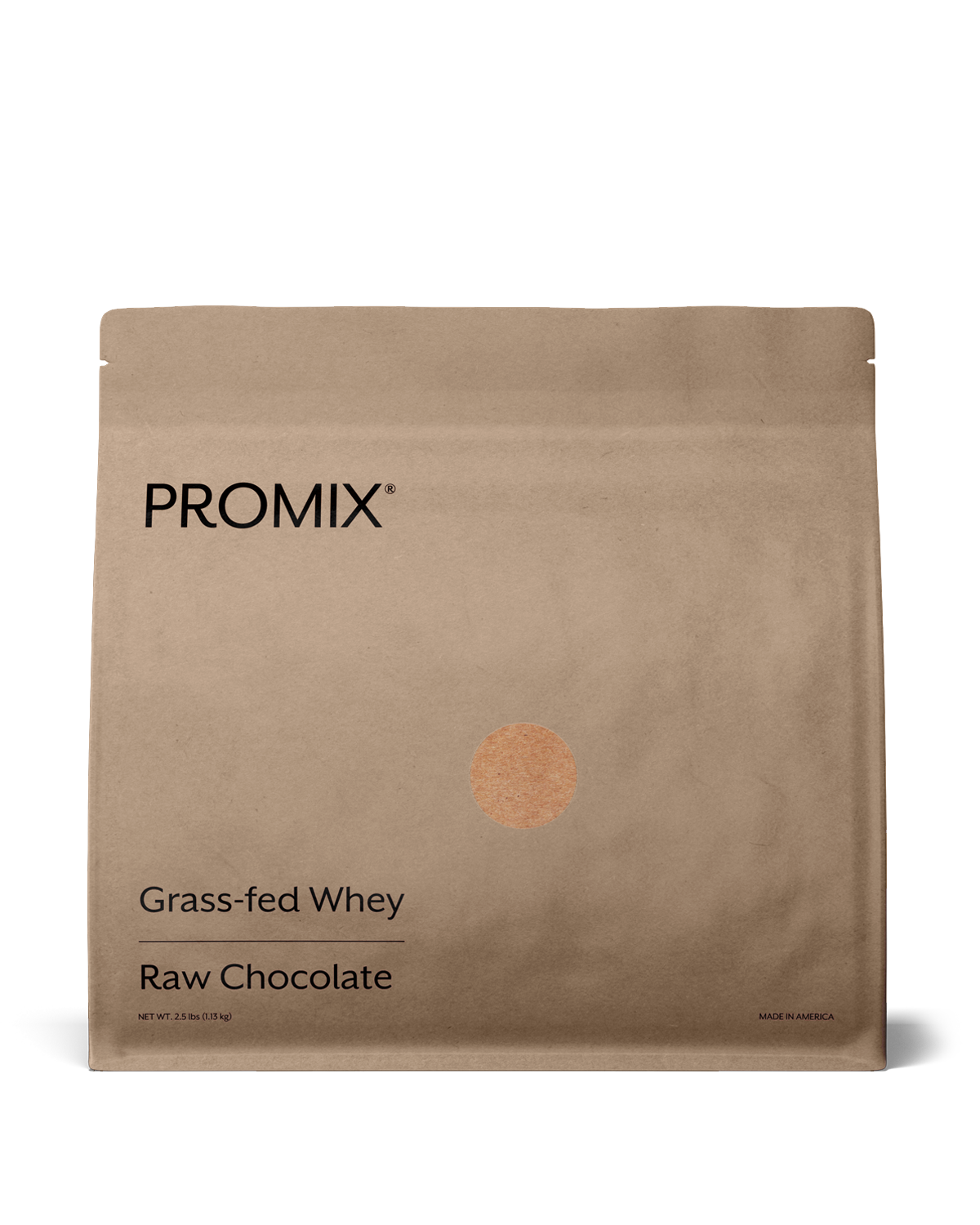 Bag of Promix raw chocolate whey protein powder, 2.5lb single package