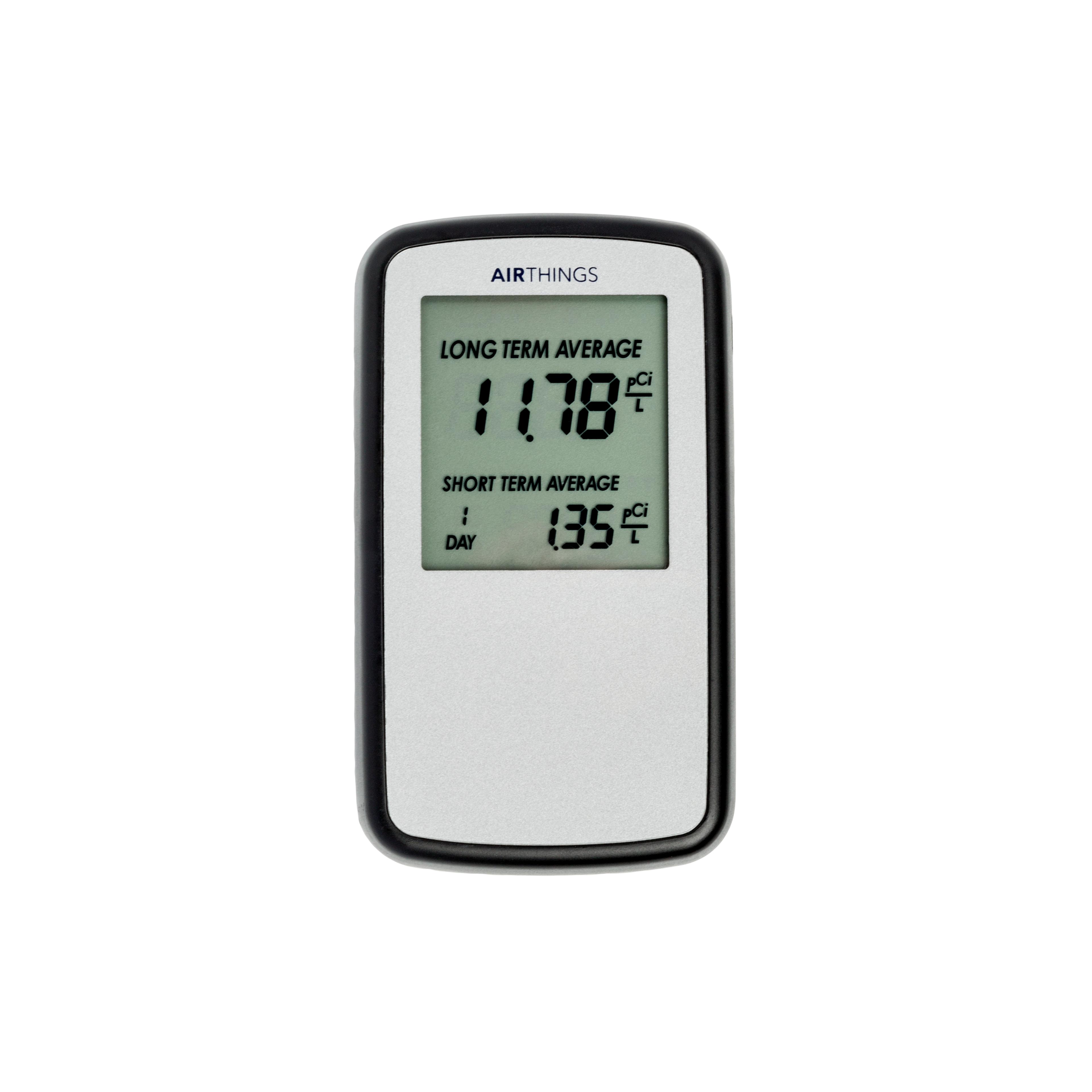 An Airthings digital radon detector showing a long-term average of 11.78 pCi/L and a short-term average of 1.35 pCi/L.