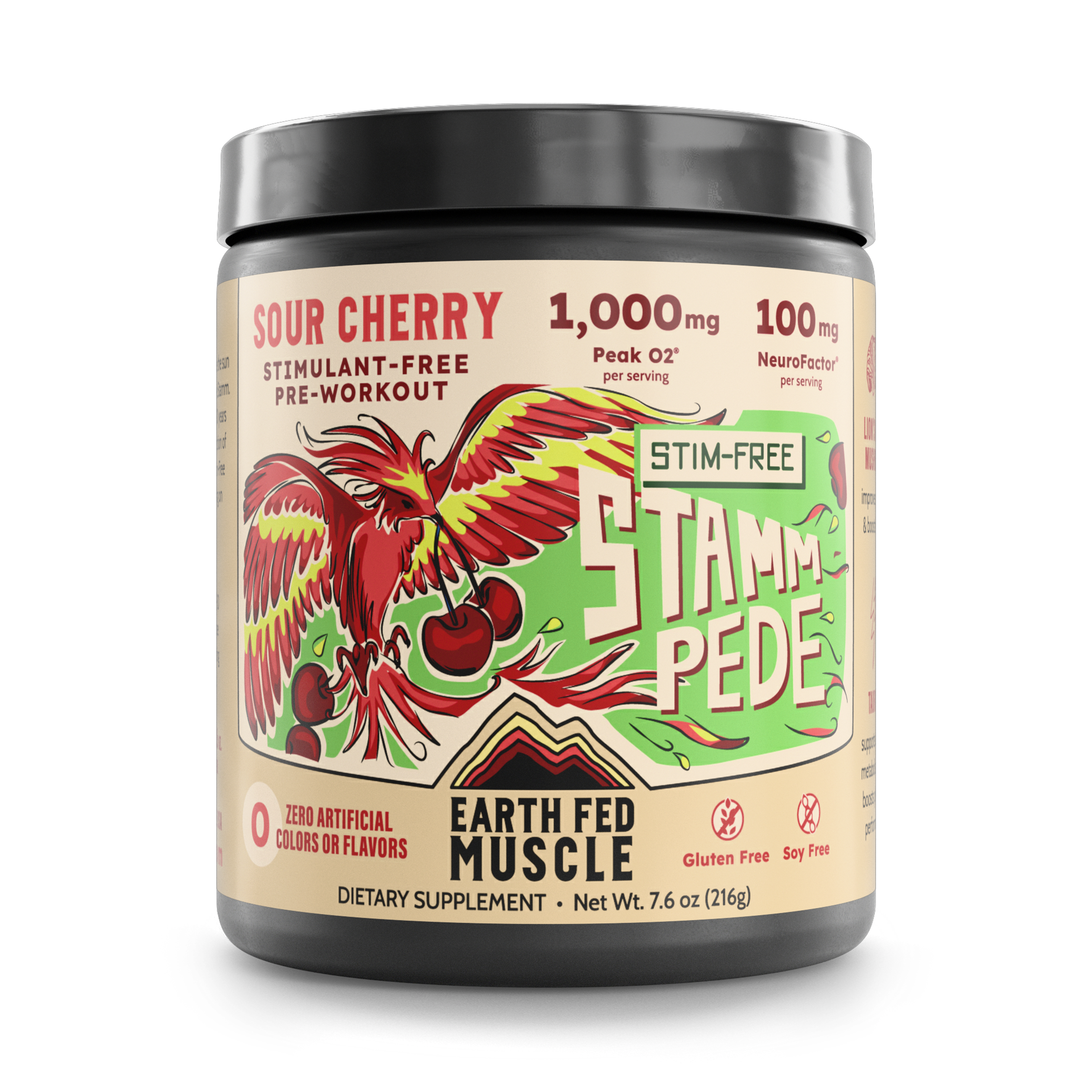 A jar of Earth Fed Muscle Stampede Sour Cherry Stimulant-Free Pre-Workout powder with a phoenix and cherry design on the label.