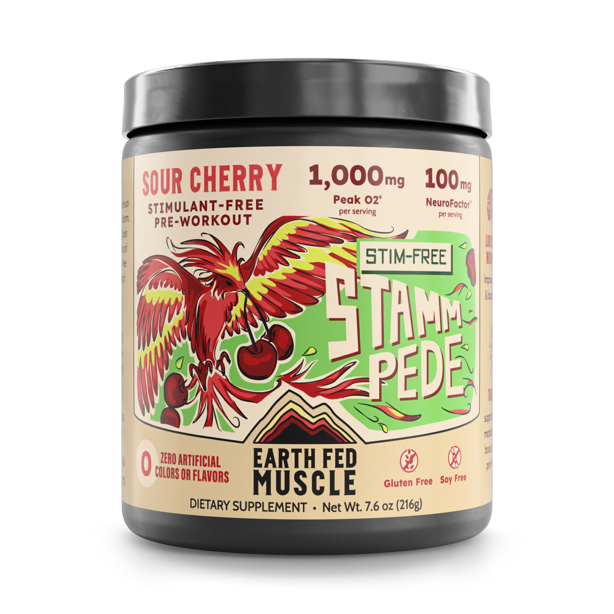 A jar of Earth Fed Muscle Stampede Sour Cherry Stimulant-Free Pre-Workout powder with a phoenix and cherry design on the label.