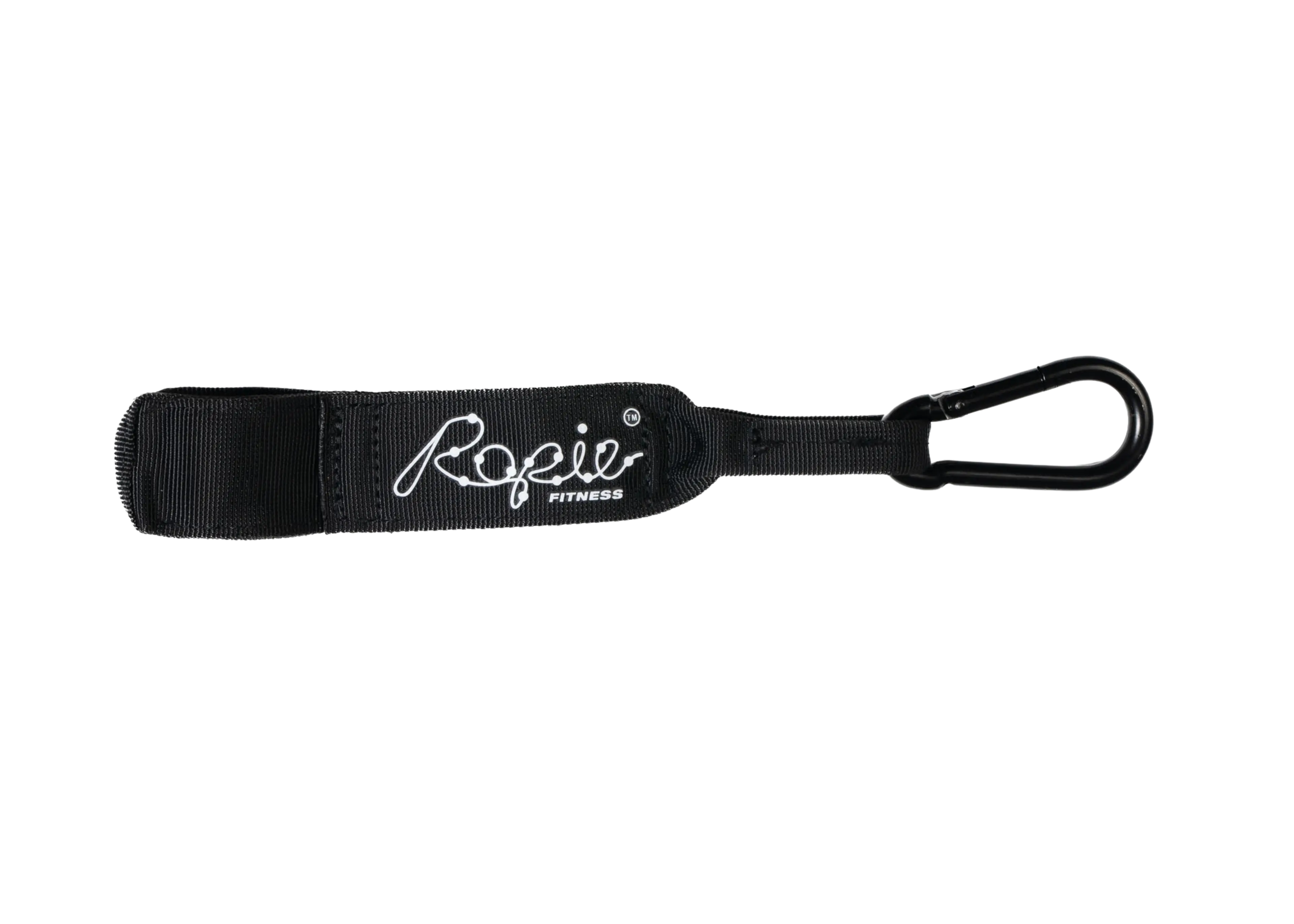Black fitness strap with white Ropie Fitness logo and a black carabiner clip.