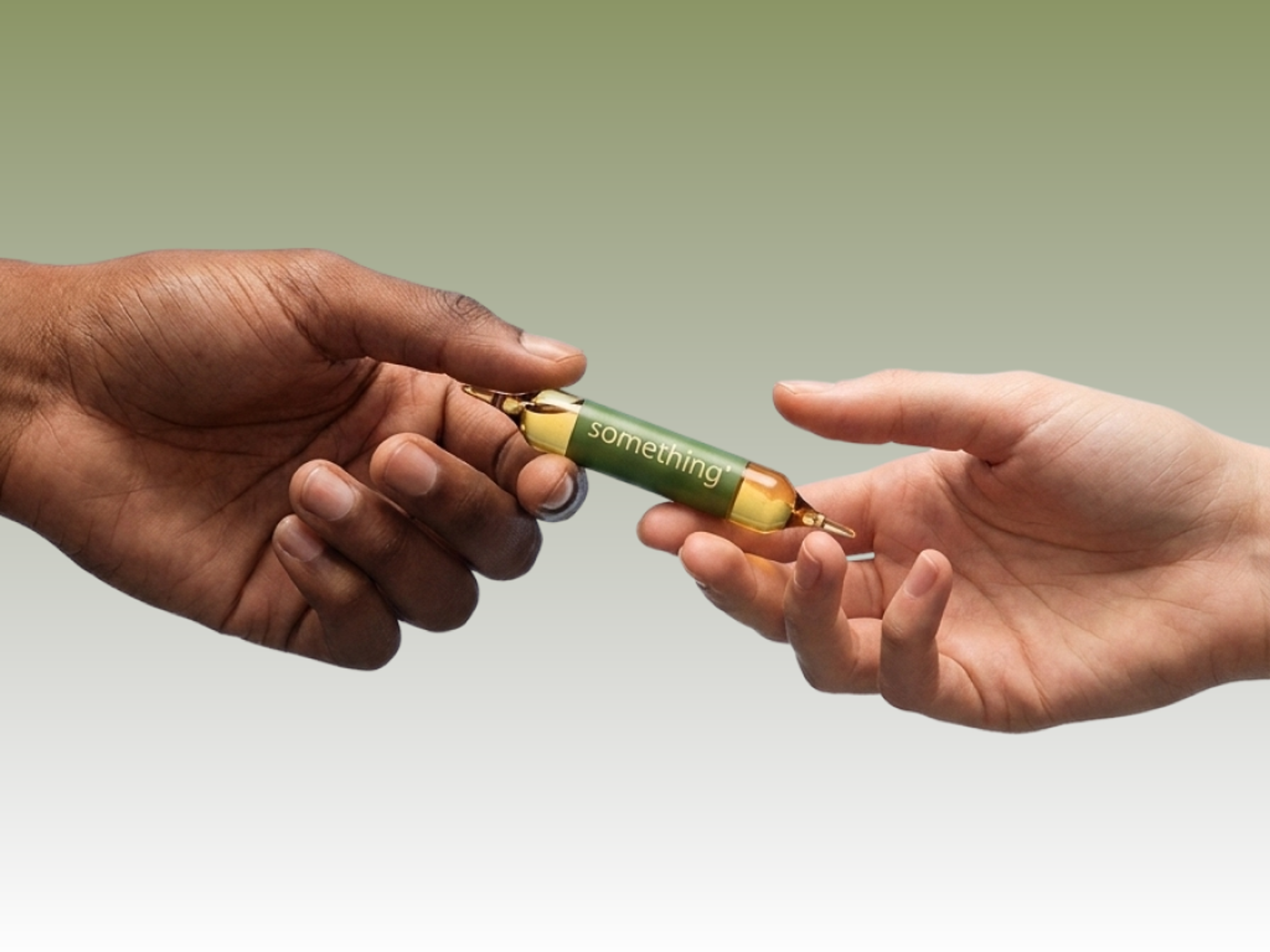 Two hands, one dark-skinned and one light-skinned, exchange a small glass vial labeled "something."