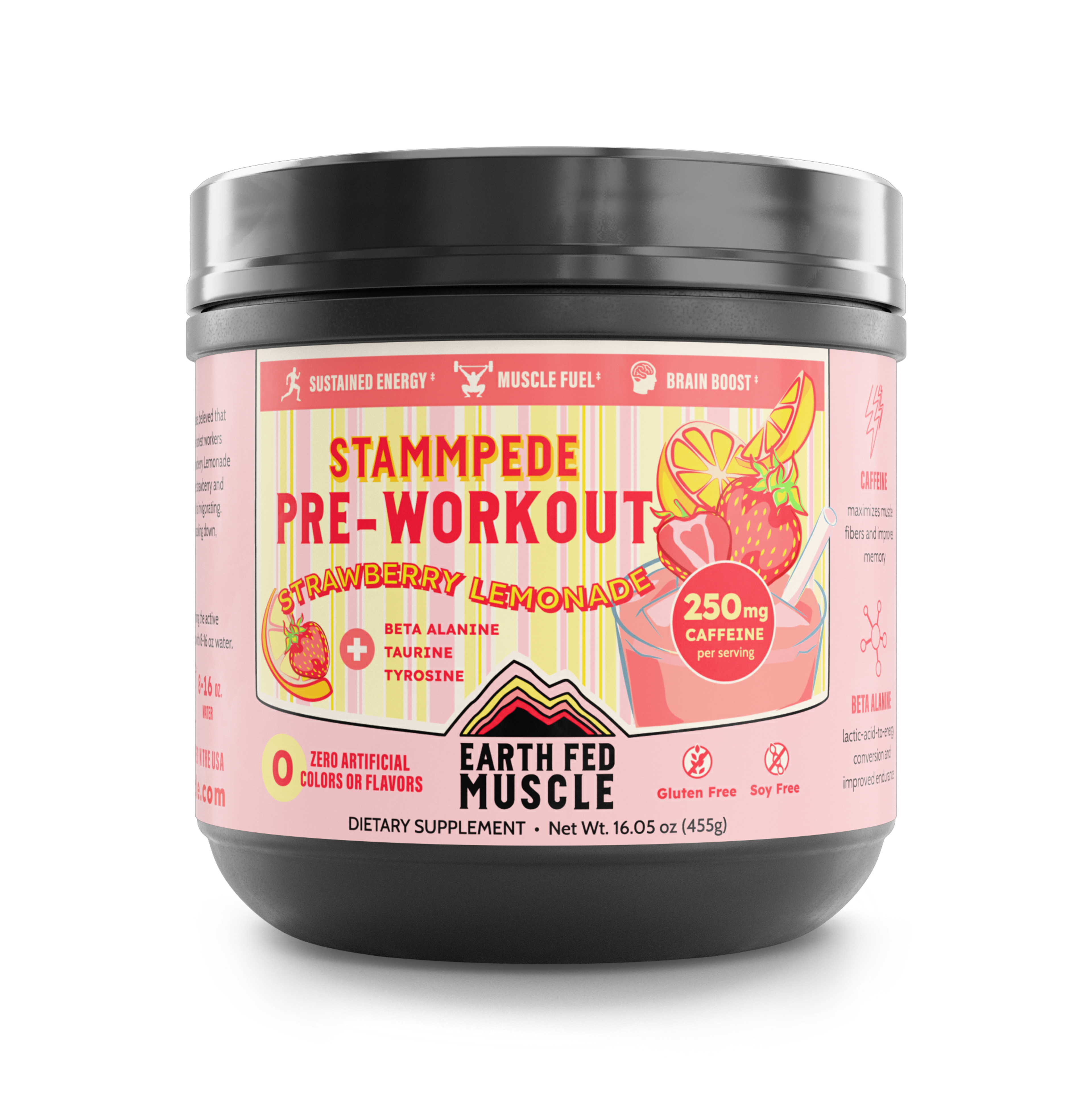 Tub of Stammpede strawberry lemonade preworkout powder