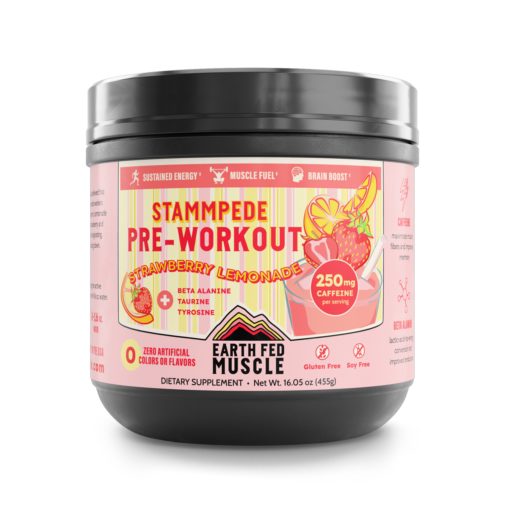 Tub of Stammpede strawberry lemonade preworkout powder