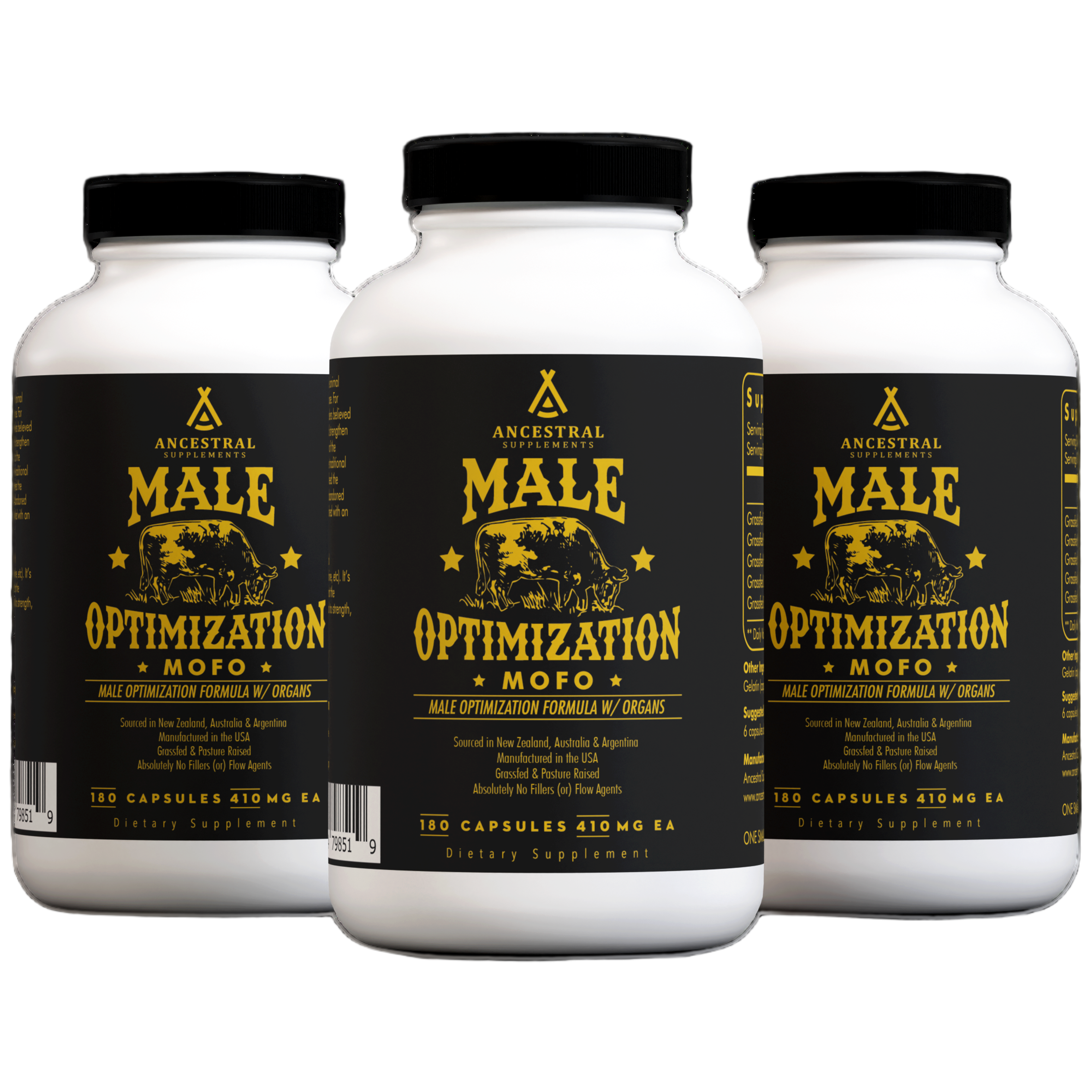 Three bottles of MOFO supplement side by side