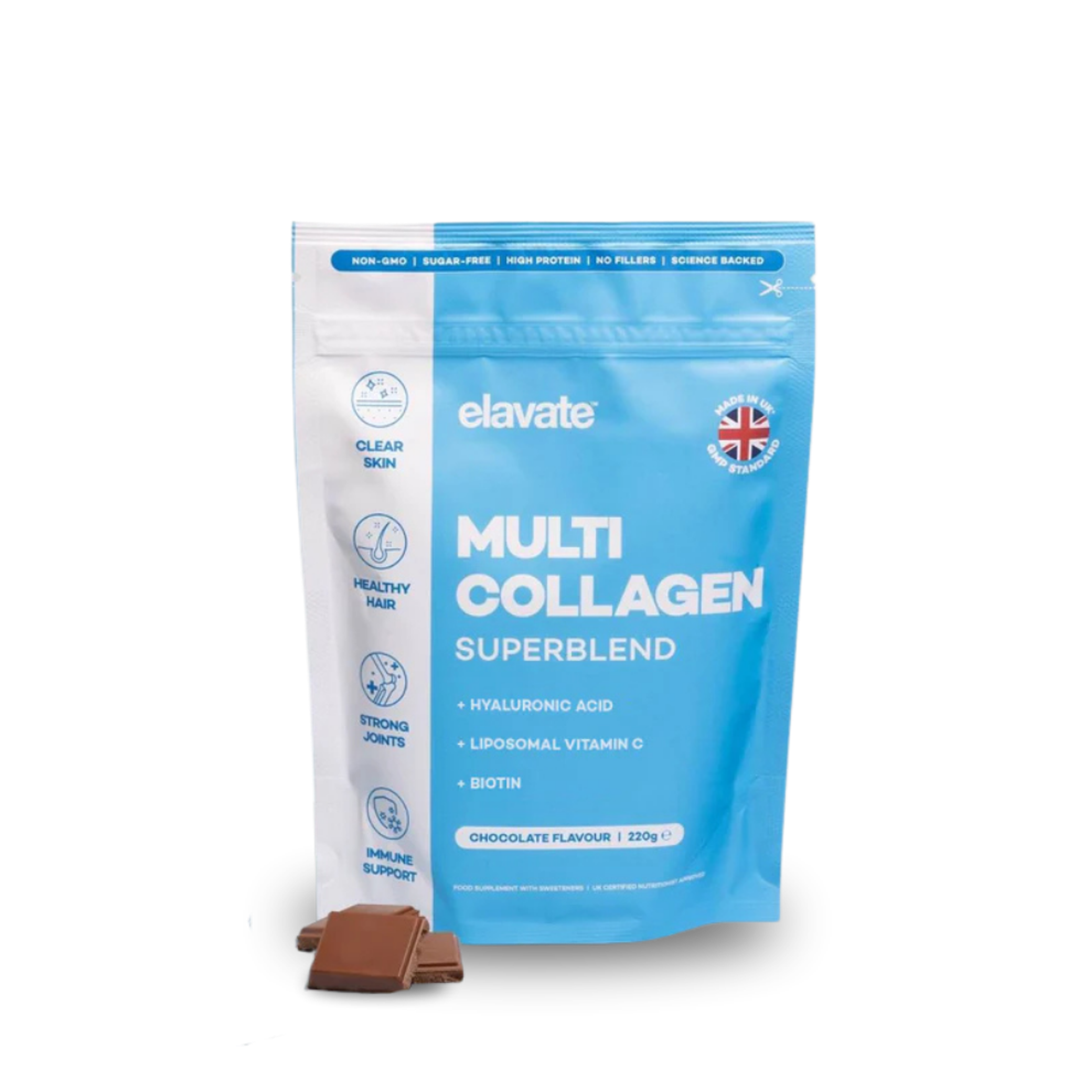 Elevate Multi Collagen Superblend chocolate flavour pouch with two chocolate pieces.