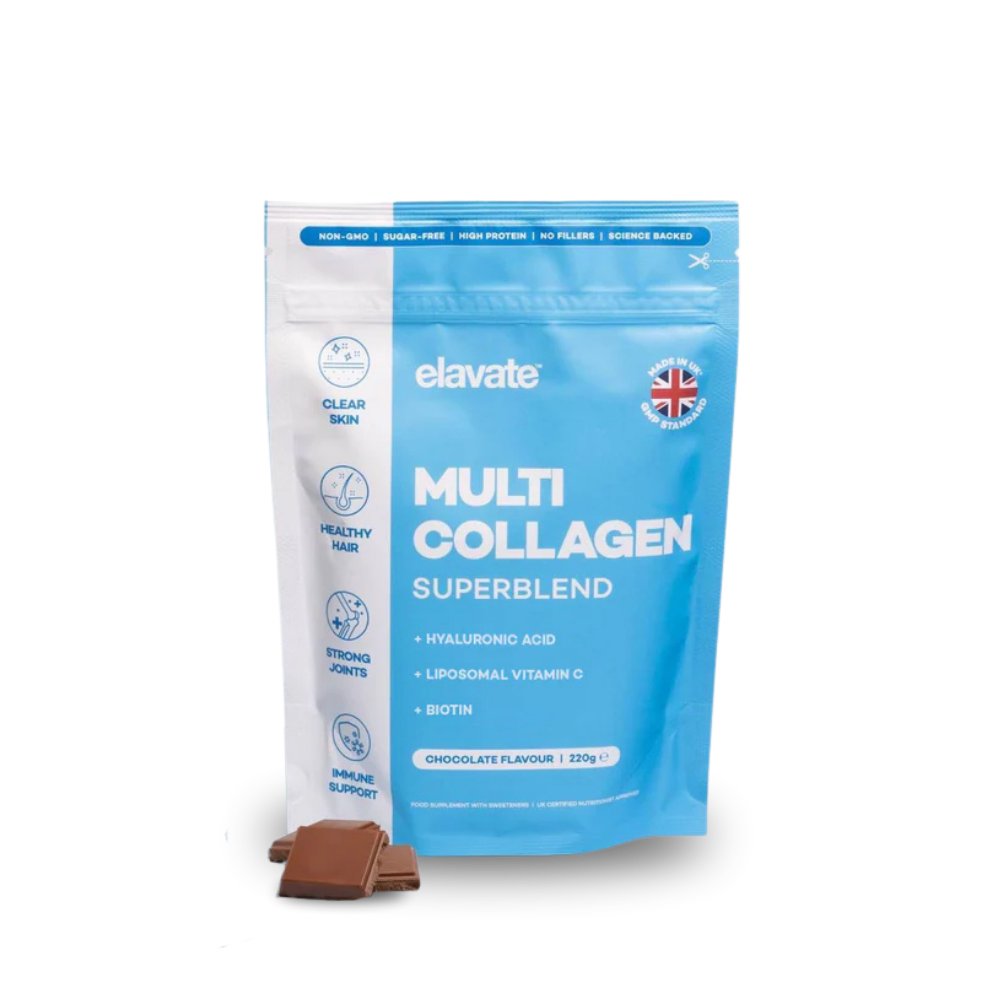 Elevate Multi Collagen Superblend chocolate flavour pouch with two chocolate pieces.
