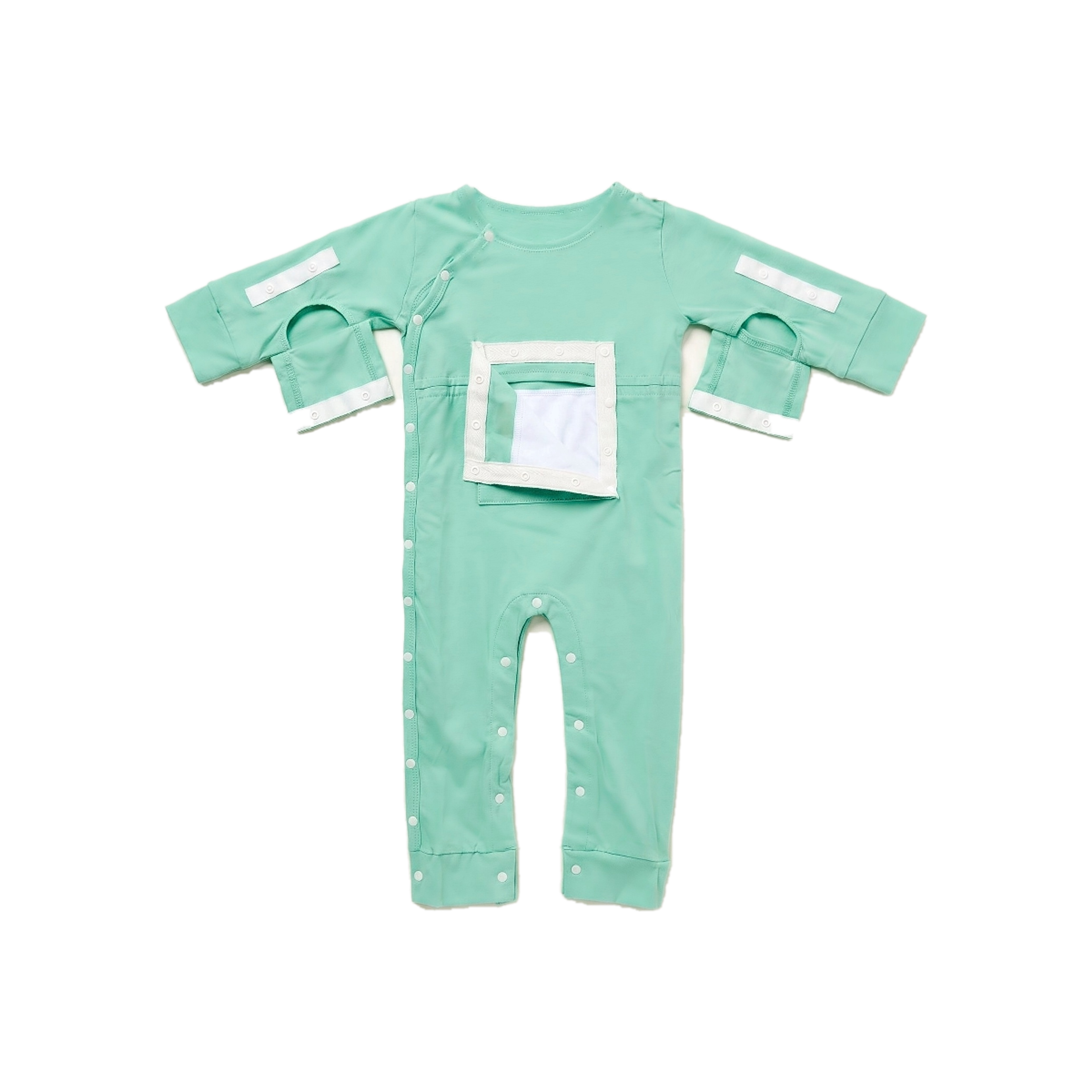 Mint green medical baby romper with strapped arm openings, a white-framed chest opening, and leg snaps.