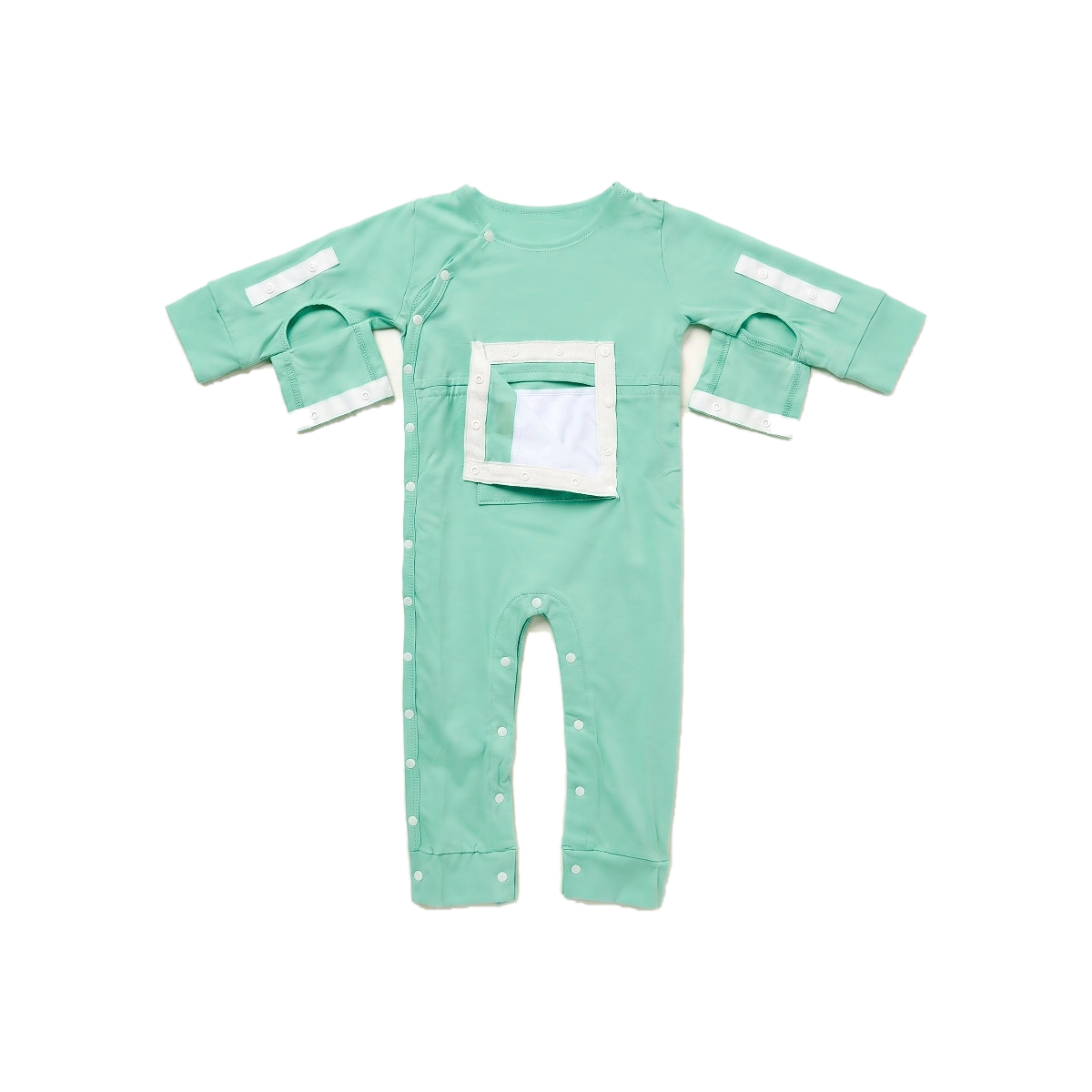 Mint green medical baby romper with strapped arm openings, a white-framed chest opening, and leg snaps.