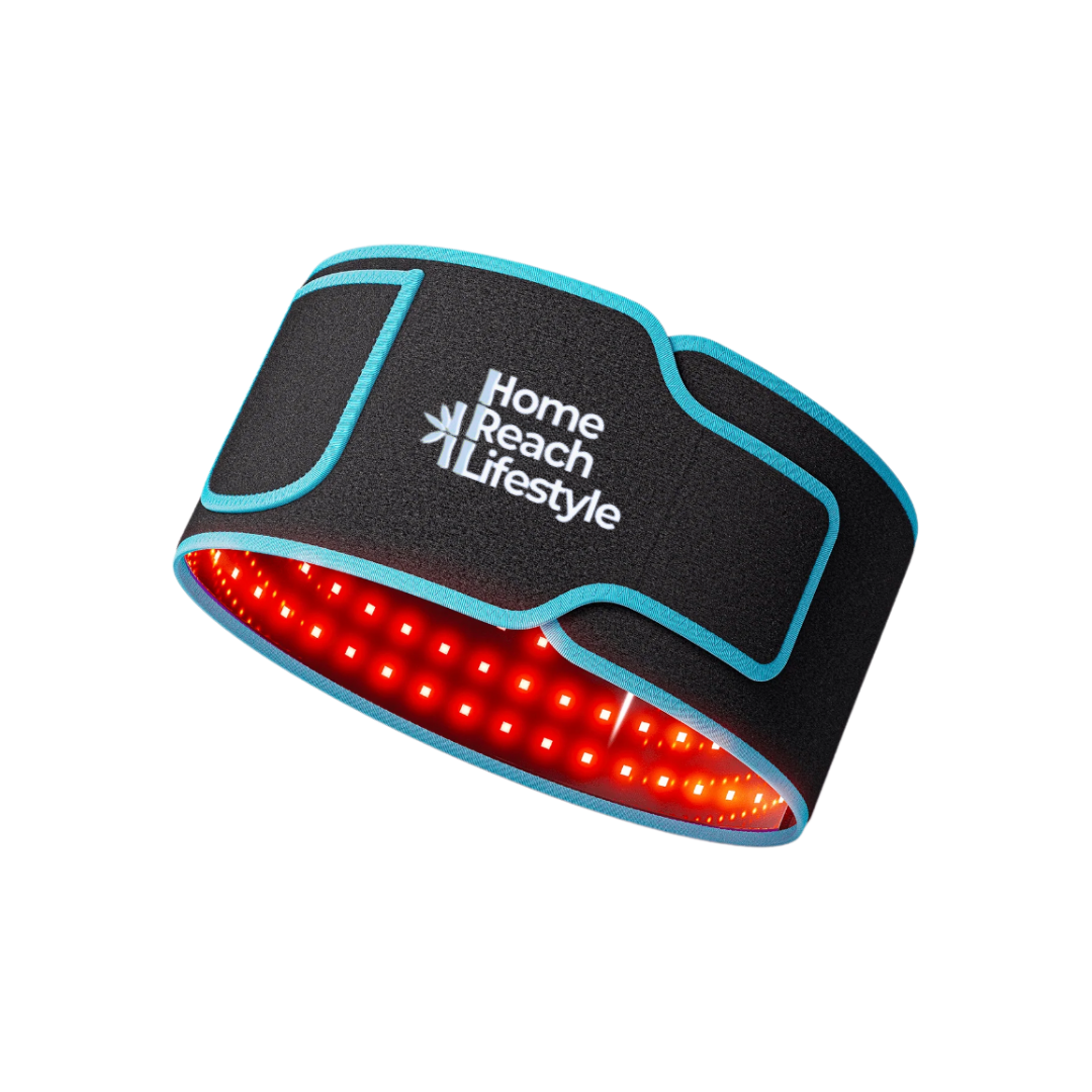 Red light therapy belt, black with blue trim, showing bright red LEDs and the Home Reach Lifestyle logo.