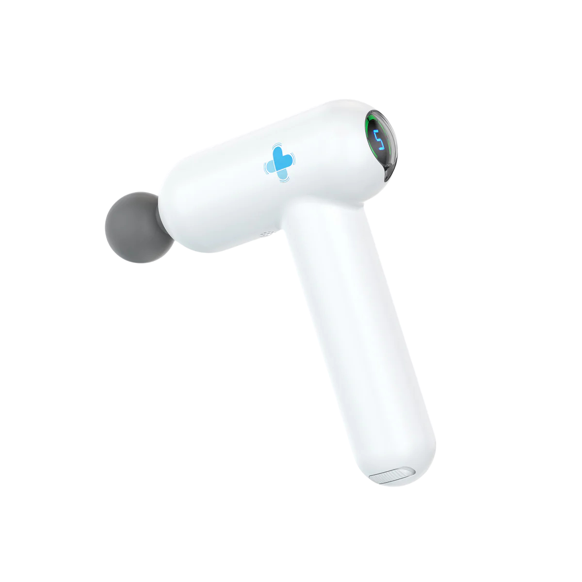 White massage gun with a grey spherical head, a blue cross logo, and a digital display showing "5".
