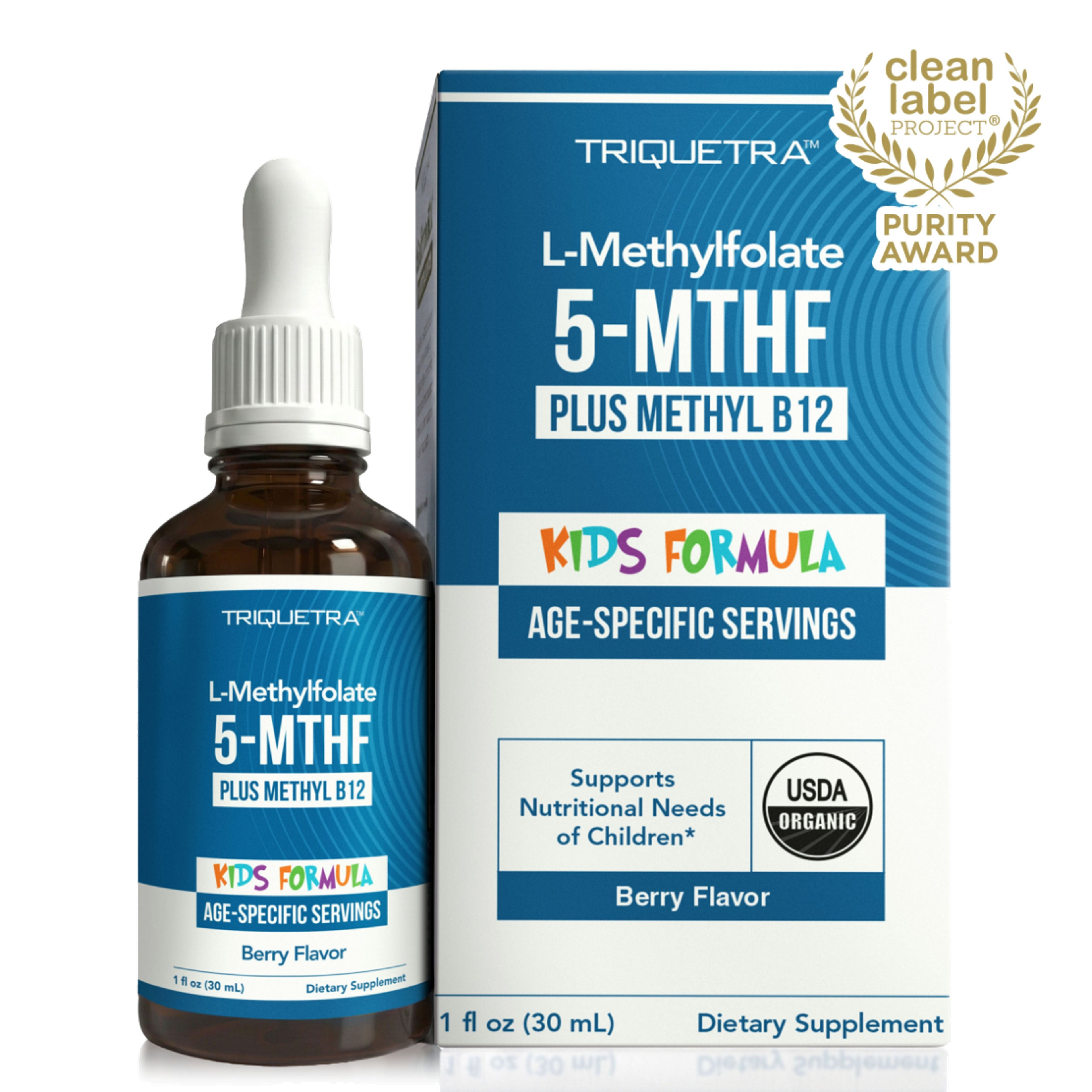 Triquetra L-Methylfolate 5-MTHF Plus Methyl B12 Kids Formula Berry Flavor liquid supplement bottle and box, USDA Organic.