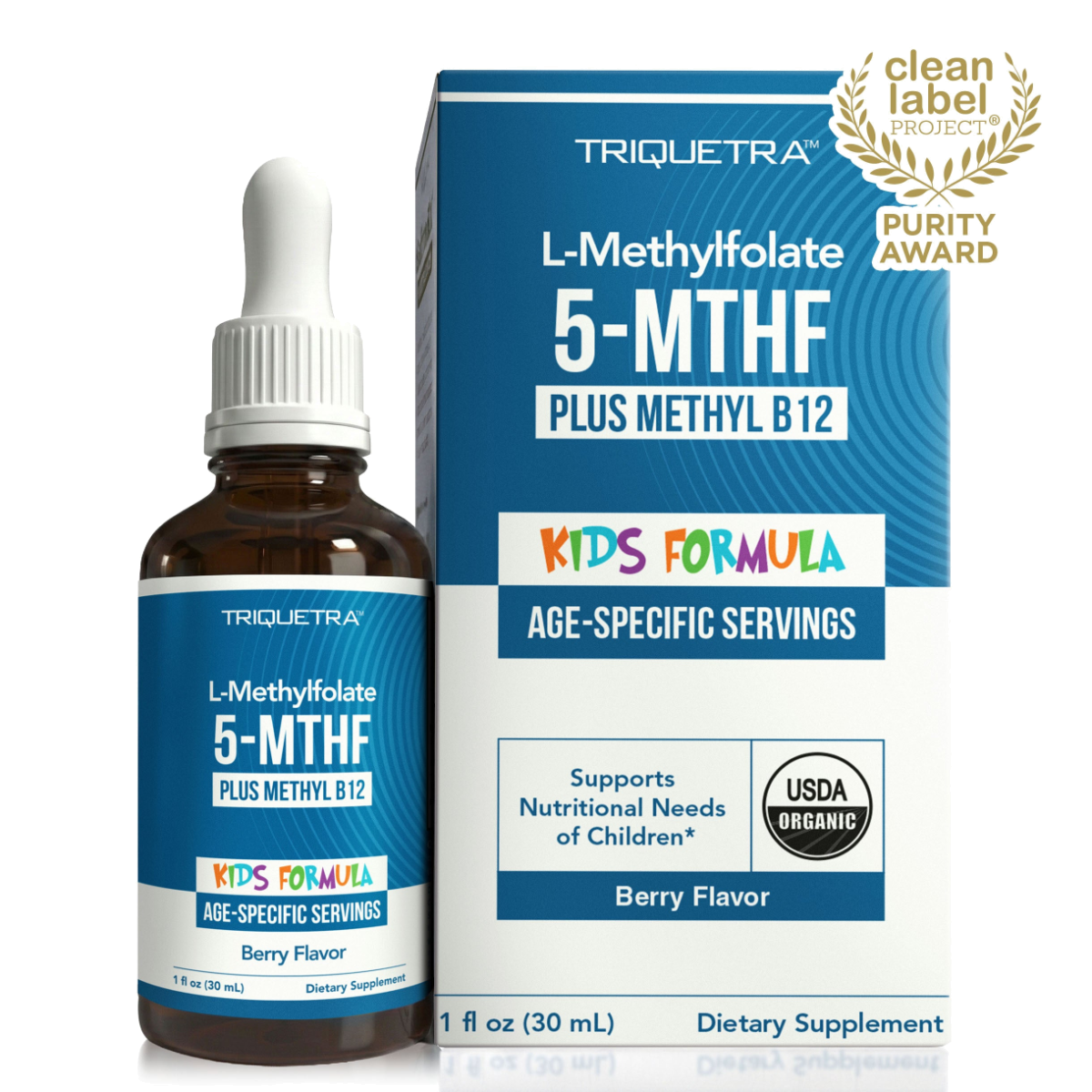 Triquetra L-Methylfolate 5-MTHF Plus Methyl B12 Kids Formula Berry Flavor liquid supplement bottle and box, USDA Organic.