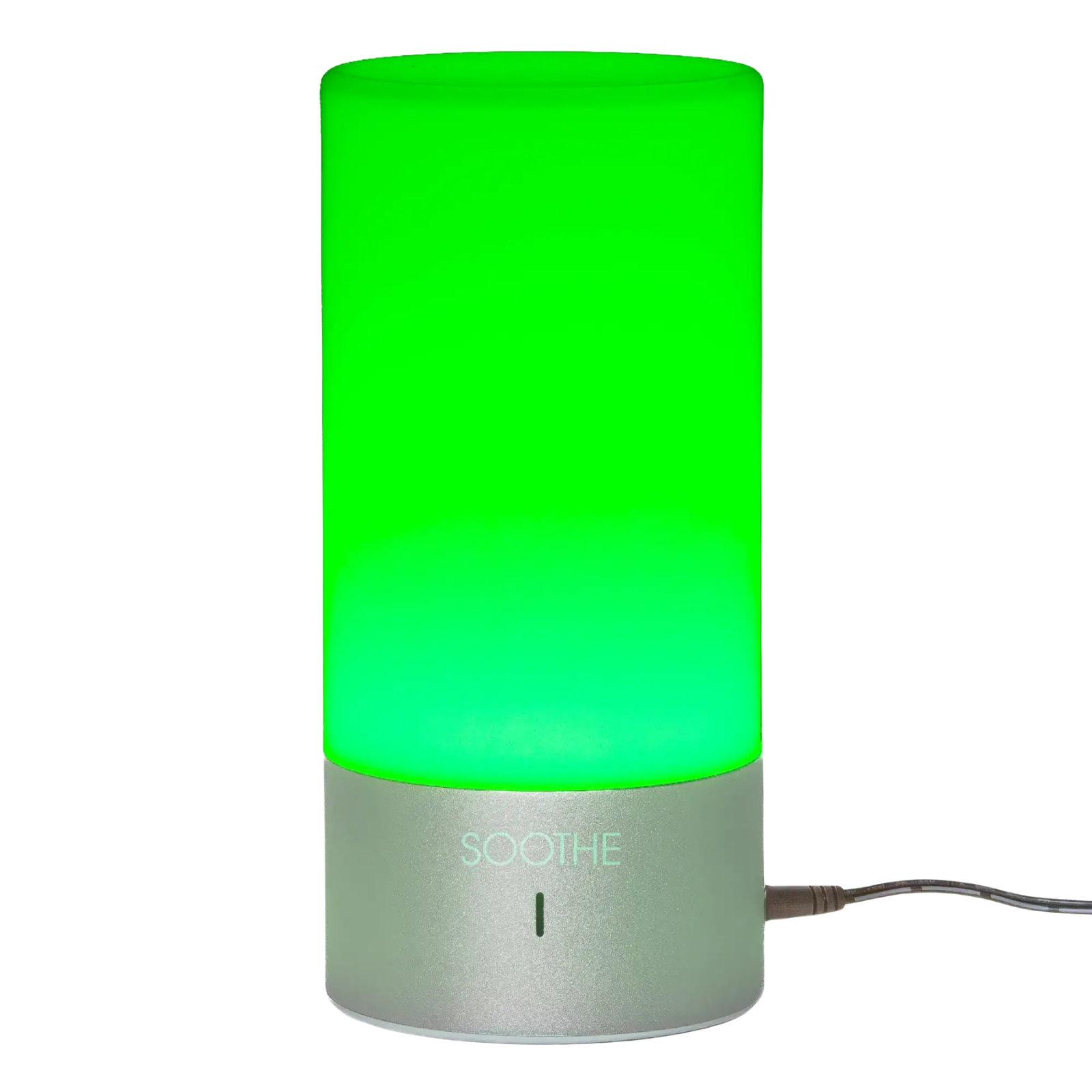 Cylindrical device with a green glowing top and silver 'SOOTHE' base.
