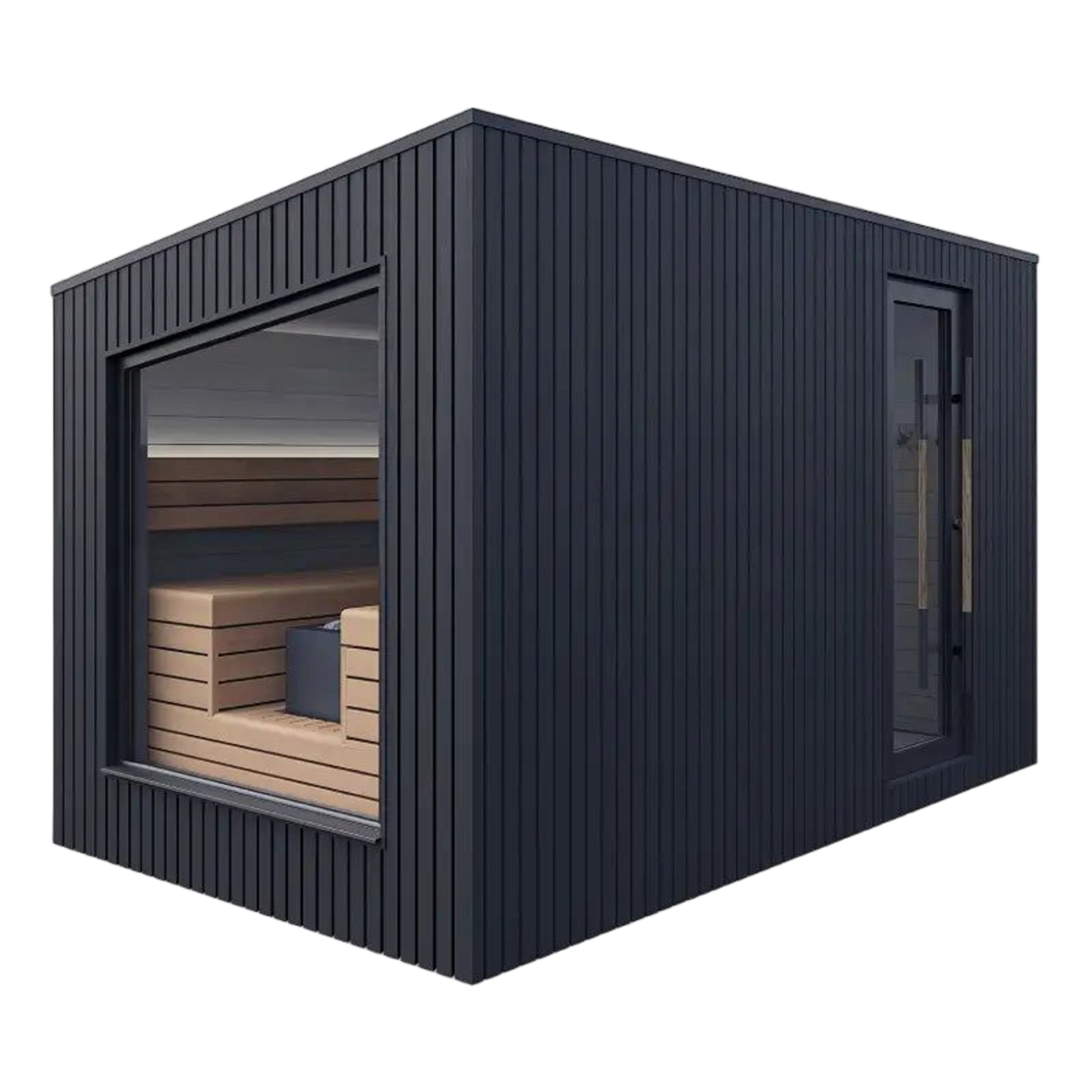 Interior wood benches inside Terra outdoor sauna